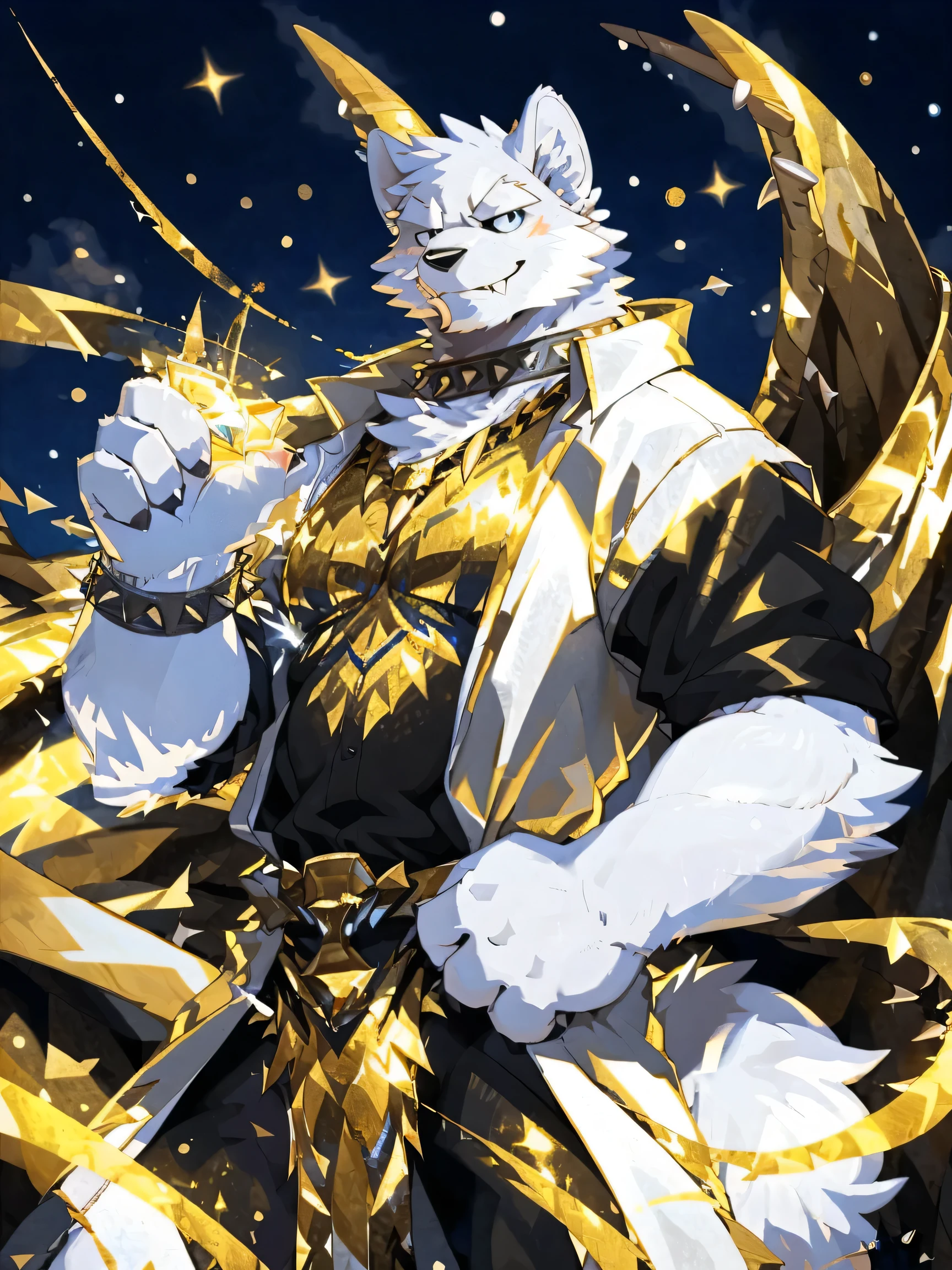 in the vault, ((All white fur:1.5)), Solitary, Perfect sky blue eyes, spiked collar, (artist:Takemoto Arashi), Mature face, Elders, Naughty face, flashing, Long eyelashes, (Reach out:1.5), (sharp detailed face), Wearing a white long trench coat|Black pants, Surrounded by gold, Surrounded by gold and jewelry, Evil smile, Gems in your hands, Thin and tall figure, Tonality, Atmospheric perspective, best quality, Ultra HD, Super Detail, High Detail