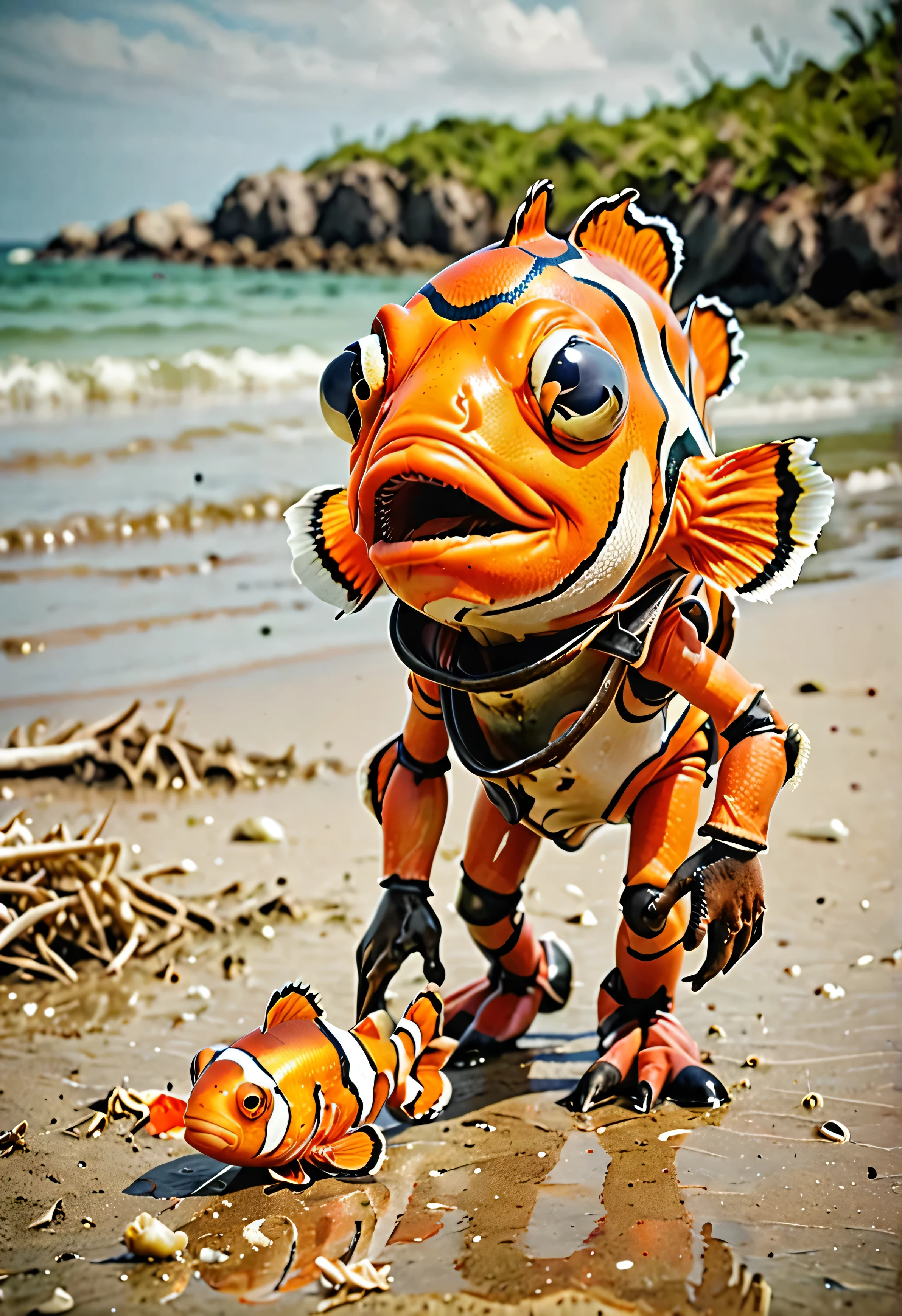 Photo of a clown fish with four human-like legs and a human-like nose foraging for food on the beach，Close shot ，50mm lens，，Low profile，Industrial waste，Green sea surface