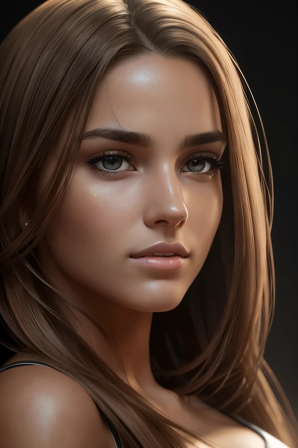 Photo of a 25-year-old woman, raw, Stunning beauty, (Medium length wavy light brown hair), outlined eyebrows, brown eyes, ((Portrait)), ((Detailed face:1.2)), ((detailed facial features)), (finely detailed skin), tanned, medium breasts, thin, ((Full HD)), ((ultra realistic)), (ultra-high resolution), (photorealistic), detailed skin texture, (Realistic), (realism), (photorealism), high contrast, (photorealistic digital art trending on Artstation 8k HD high definition detailed realistic), (detailed), (raw photo), (sharp focus), (by