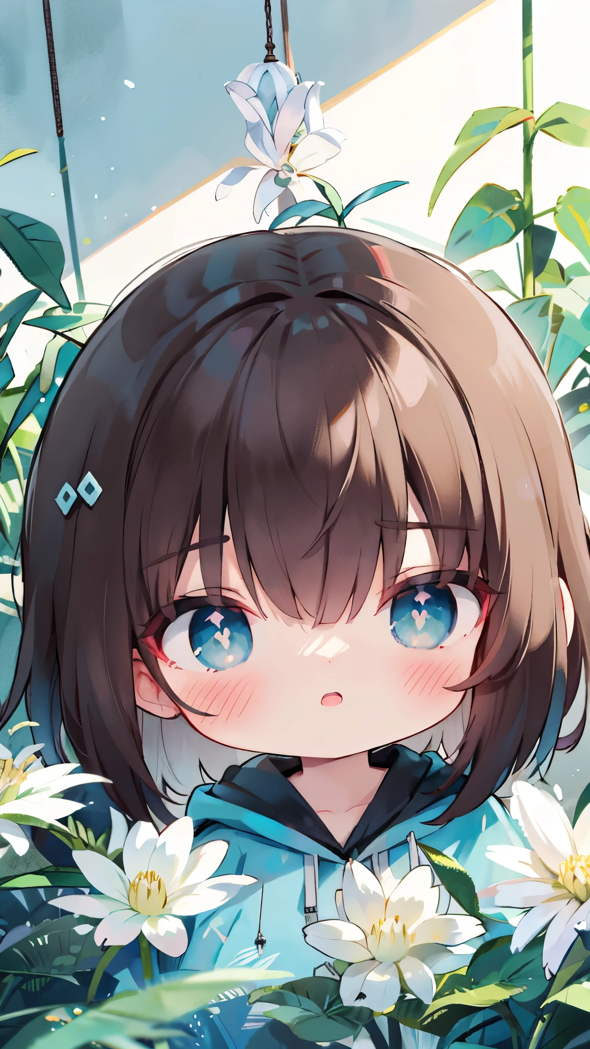 Dark brown hair,hood,Light blue pupils and flower pupils