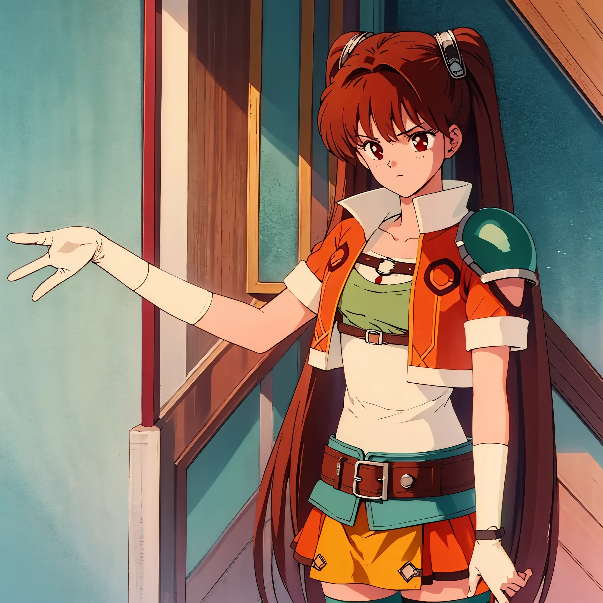 Masterpiece, solo, 1girl, upper body, scEstelle, cropped jacket, green shoulder pad, tan shirt, orange skirt, belt, white thighhighs, brown gloves