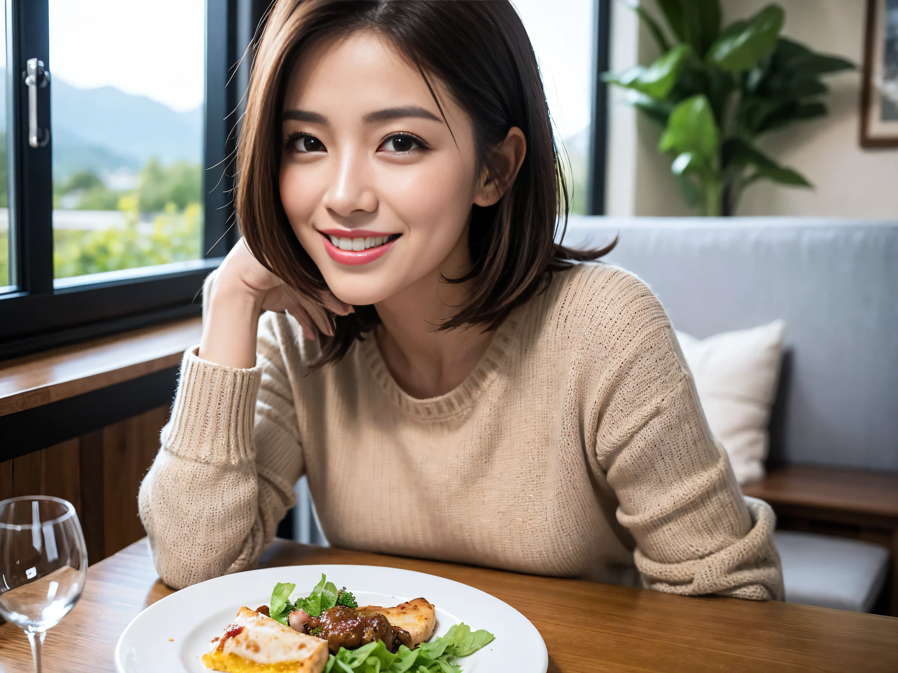 (Realistic:1.1),(masterpiece,Highest quality),8k,(49 years old), 53 years old, ベリーslimボディ、slimカップル、Tight waist,Upper Body,full-course dinner、wine 、Amazing view of the sunset sky and clouds、Perfect Anatomy, Brown Hair, short hair,Random Hairstyles,((Highly detailed face and eyes:1.2)),Perfect golden ratio face,Long sleeve shirt、dress,(smile:1.2)、Shortcuts、cute、(Realistic, Intricate details:1.2), A bright smile、short hair,Bright Face、赤wine 、Appetizers、Italian food、wine bottle、Champagne、スパークリングwine、(slimな顔), (The body is slim), (Brown Hair), (Shortcuts), Upper Body, 白wine, slim, wineグラス,