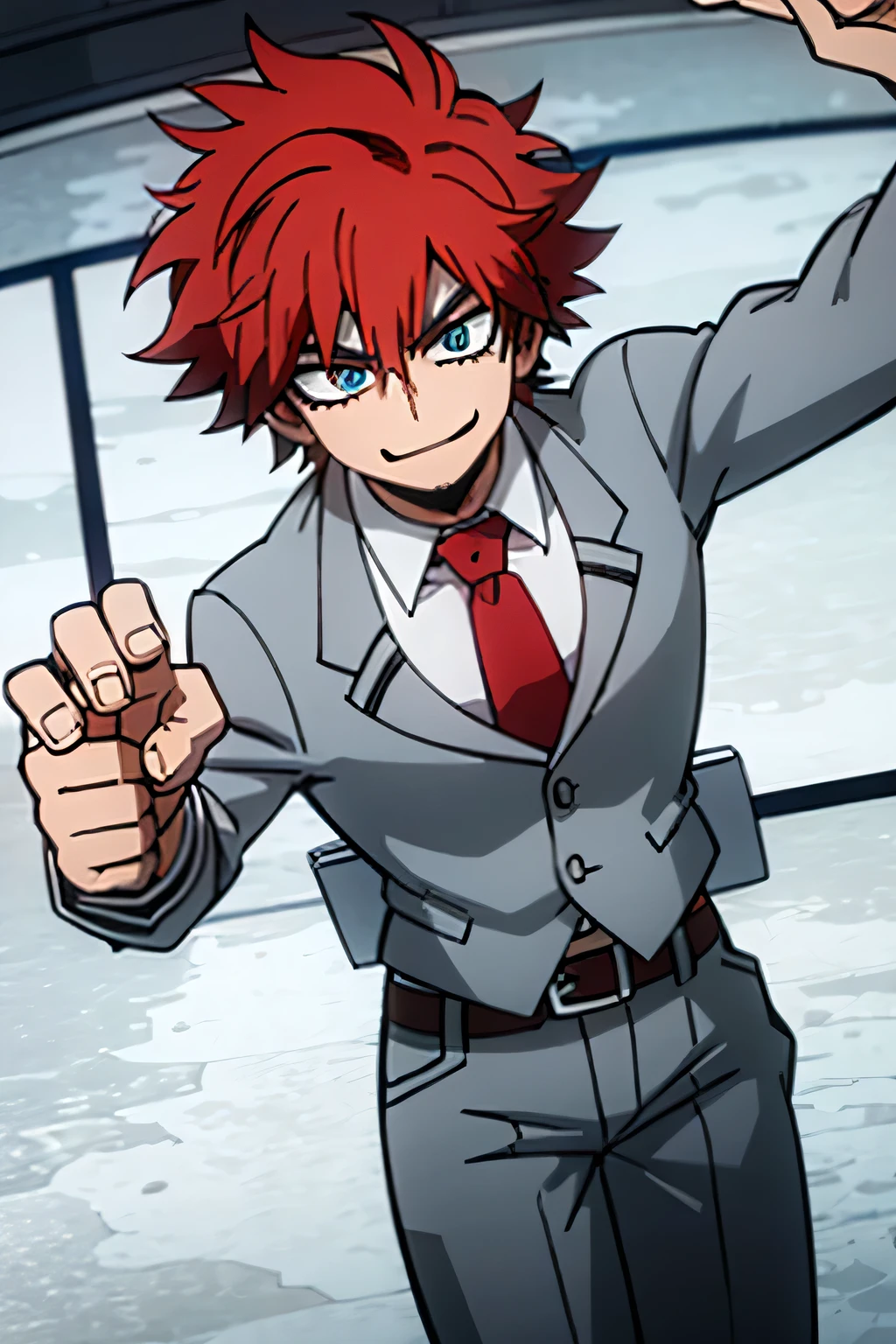 1boy, muscular body, looking at viewer, male focus, cowboy shot, solo, crimson hair, blue eyes, smirk, gray jacket, red tie, white shirt, teal pants, boots