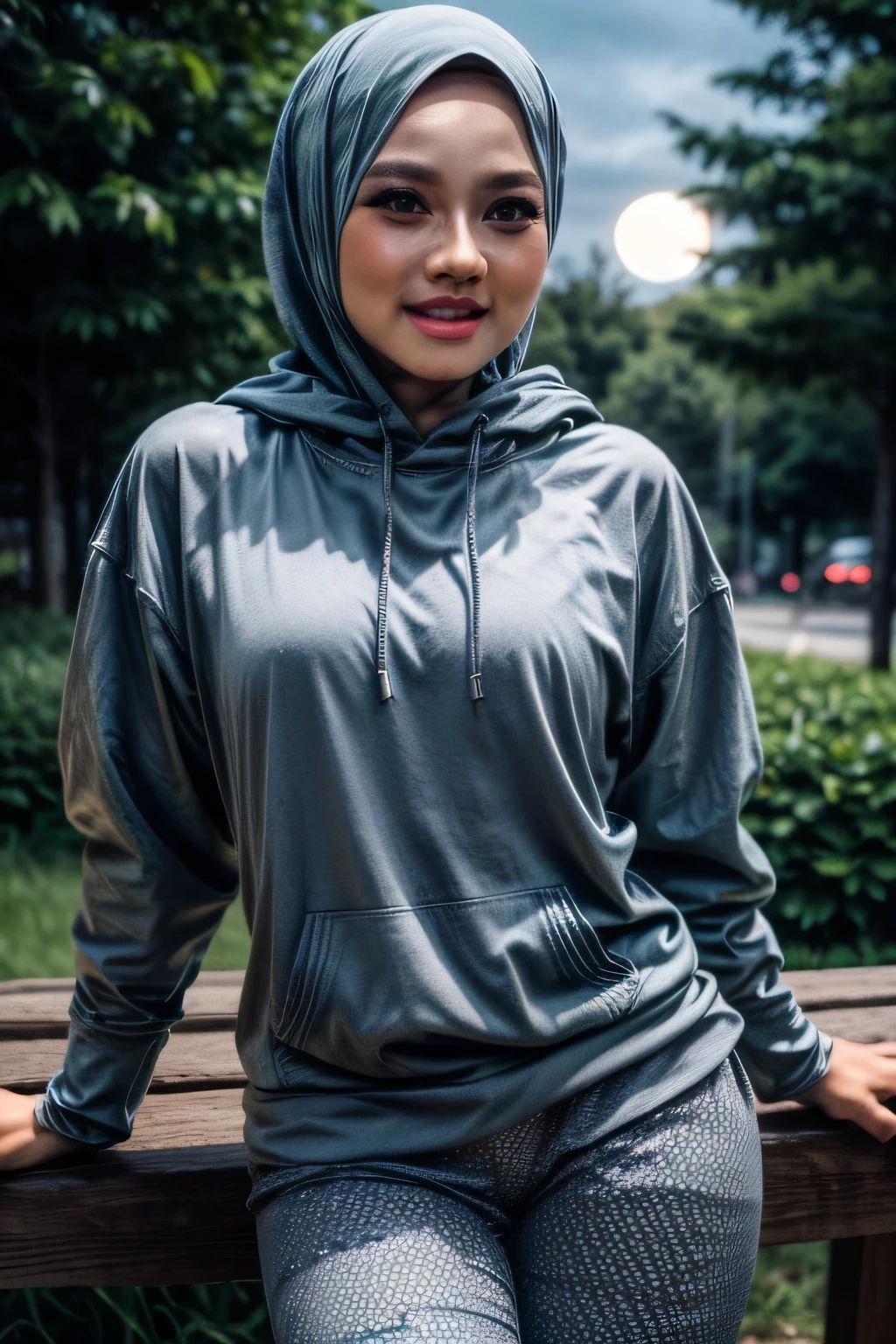 RAW, 8k,Best quality, high resolution, artwork: 1.3, beautiful Malay woman in hijab, big breasts, beautiful big eyes, smiling, Intricate Details, Ultra Details, Ultra High Resolution, Masterpiece, random angles, (Delicate Blue Eyes: 1.21 ), Blue eyes, looking at the viewer, ((whole body) ), 1malay woman,((whole body)), wearing ((hoodie)),wearing leggings,whole body , standing in the park at night, beautiful face, ( ((black hijap, )),(detailed face), sensual lips, detailed face, thick thighs, perfect and detailed legs, ((moonlight))