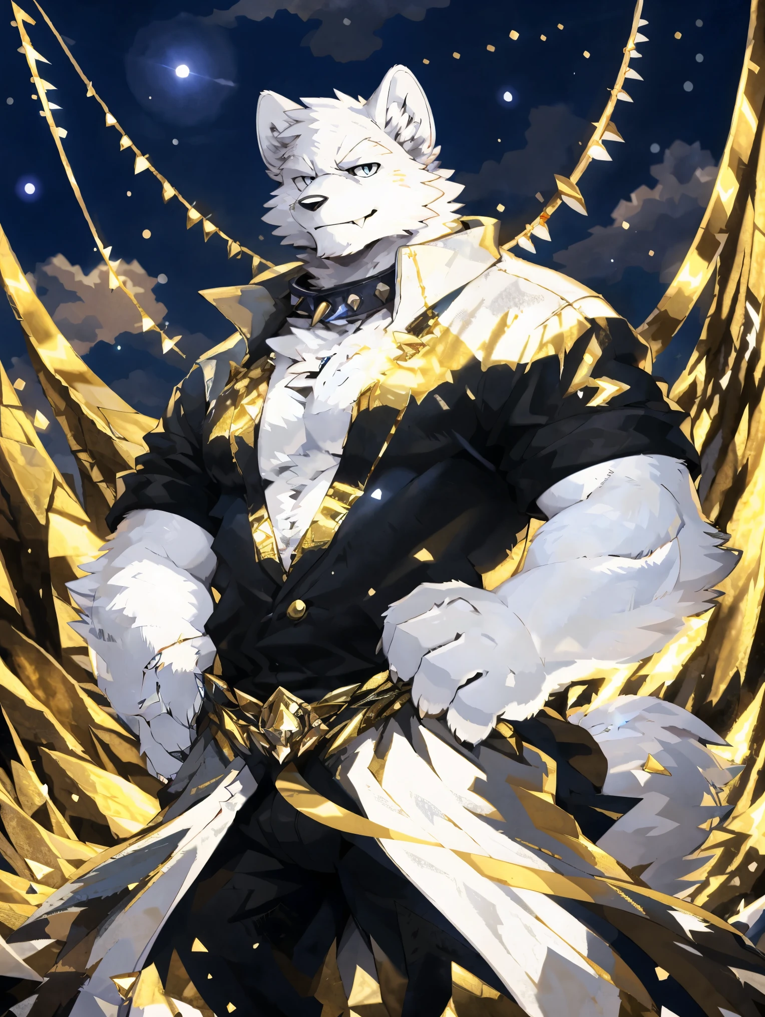 In the vault, ((all white fur:1.5)), solo, Perfect sky blue eyes, Spike Collar, (artist:Takemoto Arashi), Mature face, elder, naughty face, glint, longeyelashes, (fang out:1.5), (Clear facial details), Wearing white long trench coat|Black pants, Surrounded by gold, Surrounded by gold and jewelry, evil smile, Gemstones in hand, Thin and tall figure, Tonalism, atmospheric perspective, best quality, UHD, super detail, high details