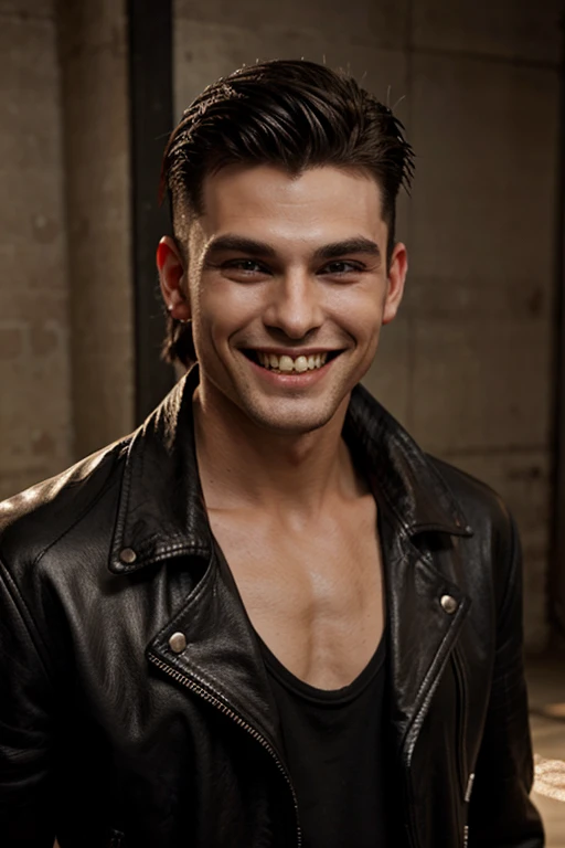 One boy, vampire, slick back mullet haircut,smiling, showing fangs, wearing leather jacket