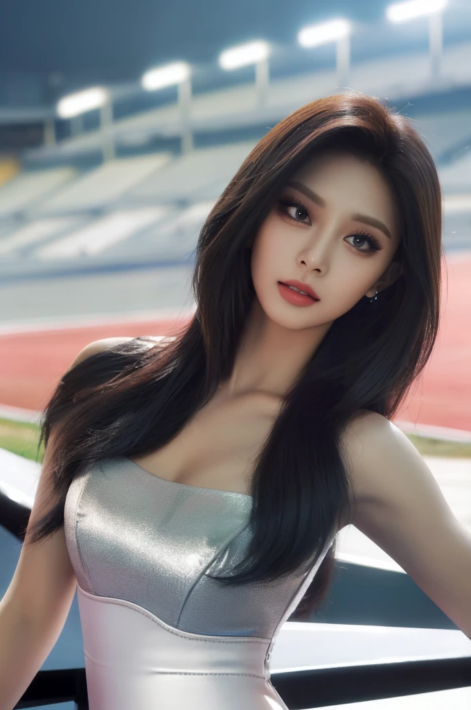 Tzuyu 1, woman, (Realistic), (Hyperrealism), (photoRealistic), Written boundary depth, eye make up:0.7 (whole body:1.2), (Large Bust),(Tight waist), Observe the audience,In the pits of a race track, Race Queen, A sexy dress with open shoulders and neckline