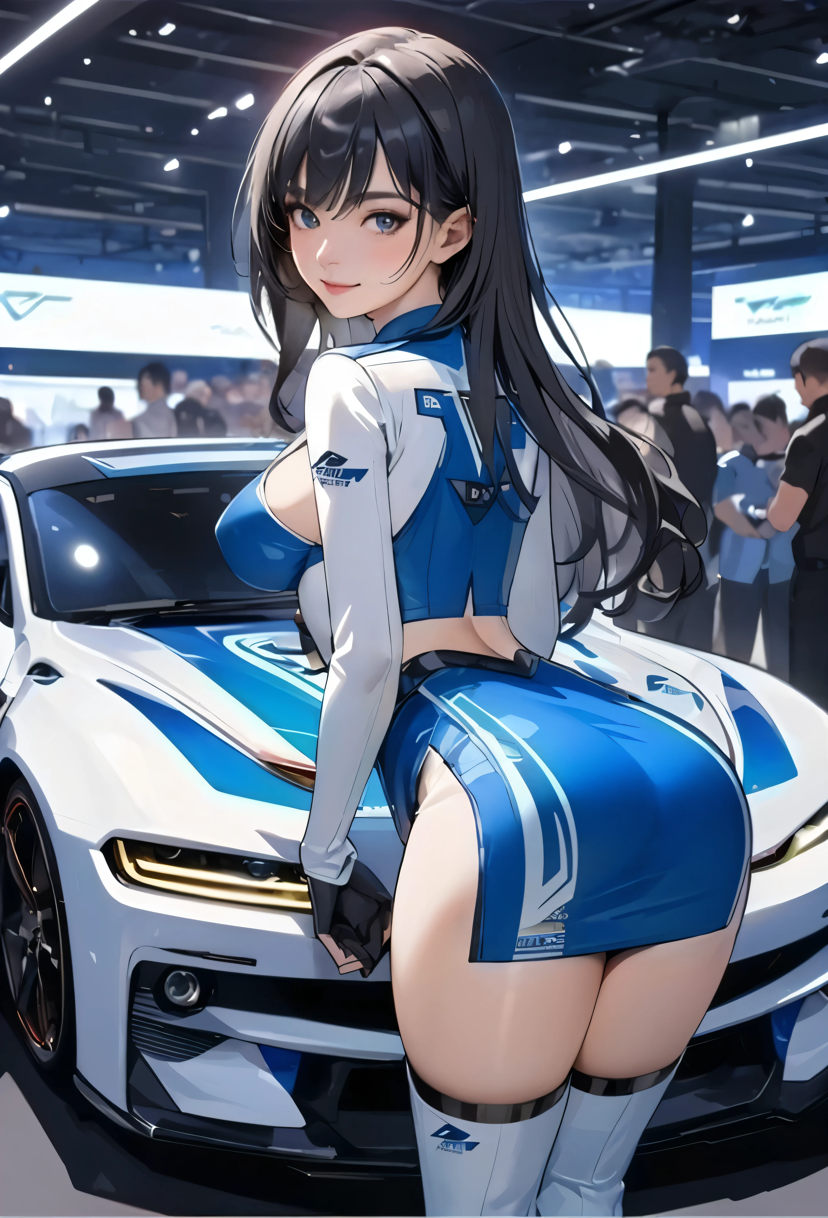 only 1 woman, (looking back) (behind:1.2), (bent down), /(Grid Girl/) /(blue suit with logo/), narrow skirt, mature woman, /(Light black hair/) bang, kind smile, (best quality masterpiece in high definition 8k), gentle illustration, Colored edge lighting, Beautiful face, ??????????????, thigh boots BREAK (standing next to a late model car) BREAK (indoor car showroom), audience, detailed background