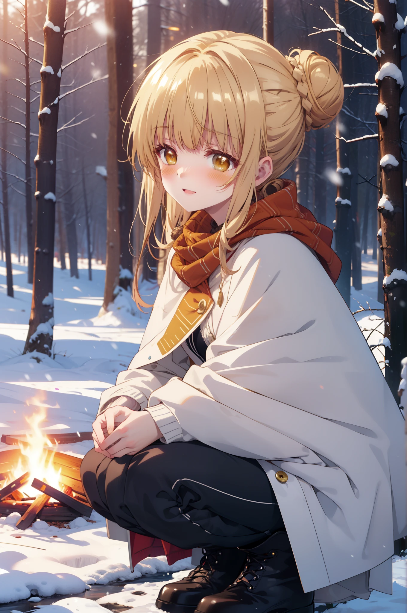 This is Mahirshina, Mahiru shiina, blonde, (Brown eyes:1.7), Long Hair, happy smile, smile, Open your mouth,Hair Bun, single Hair Bun,blush,White Breath,
Open your mouth,snow,Ground bonfire, Outdoor, boots, snowing, From the side, wood, suitcase, Cape, Blurred, Increase your meals, forest, White handbag, nature,  Squat, Mouth closed, フードed Cape, winter, Written boundary depth, Black shoes, red Cape break looking at viewer, Upper Body, whole body, break Outdoor, forest, nature, break (masterpiece:1.2), highest quality, High resolution, unity 8k wallpaper, (shape:0.8), (Beautiful and beautiful eyes:1.6), Highly detailed face, Perfect lighting, Highly detailed CG, (Perfect hands, Perfect Anatomy),