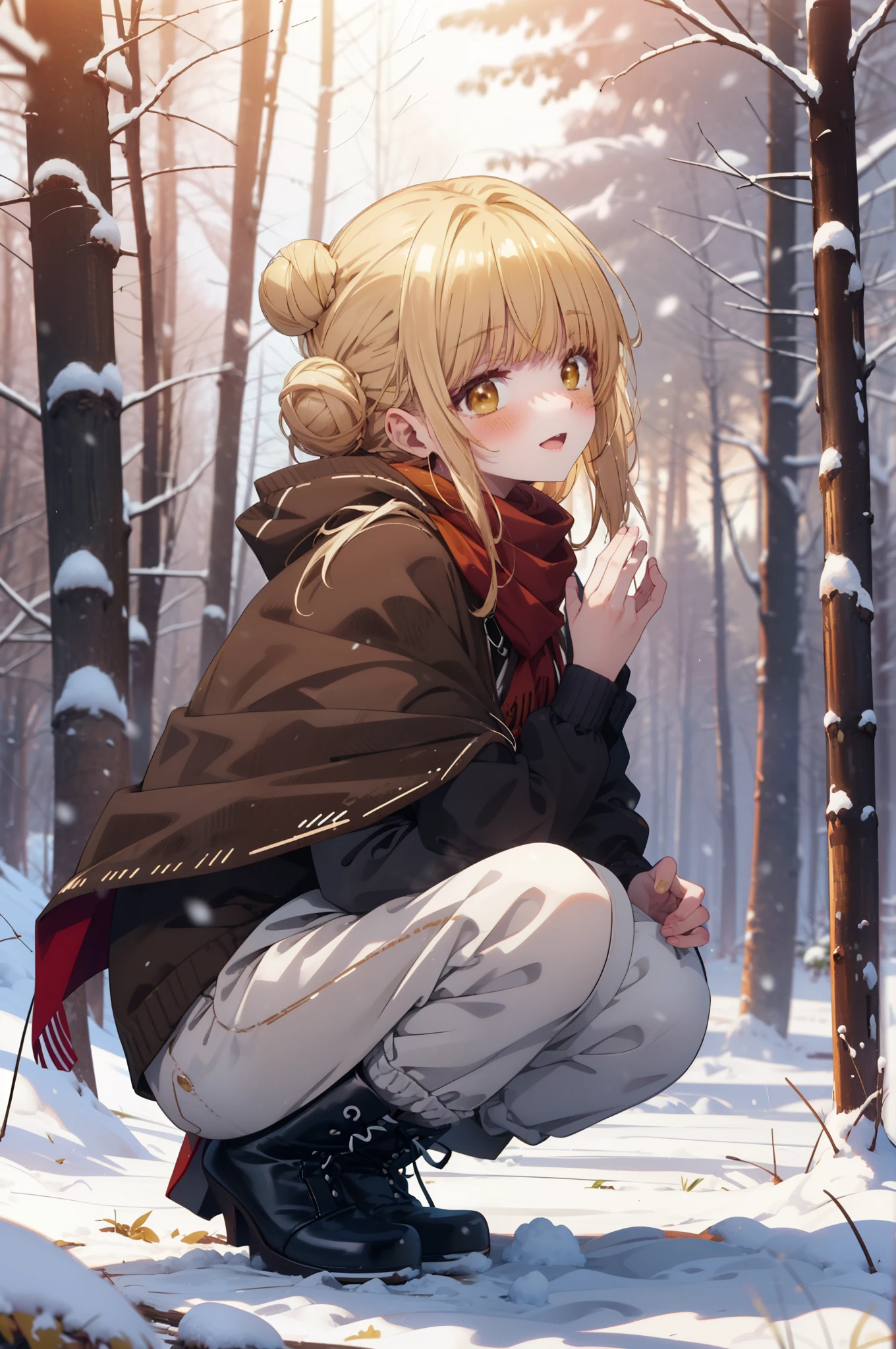 This is Mahirshina, Mahiru shiina, blonde, (Brown eyes:1.7), Long Hair, happy smile, smile, Open your mouth,Hair Bun, single Hair Bun,blush,White Breath,
Open your mouth,snow,Ground bonfire, Outdoor, boots, snowing, From the side, wood, suitcase, Cape, Blurred, Increase your meals, forest, White handbag, nature, Squat, Mouth closed, フードed Cape, winter, Written boundary depth, Black shoes, red Cape break looking at viewer, Upper Body, whole body, break Outdoor, forest, nature, break (masterpiece:1.2), highest quality, High resolution, unity 8k wallpaper, (shape:0.8), (Beautiful and beautiful eyes:1.6), Highly detailed face, Perfect lighting, Highly detailed CG, (Perfect hands, Perfect Anatomy),