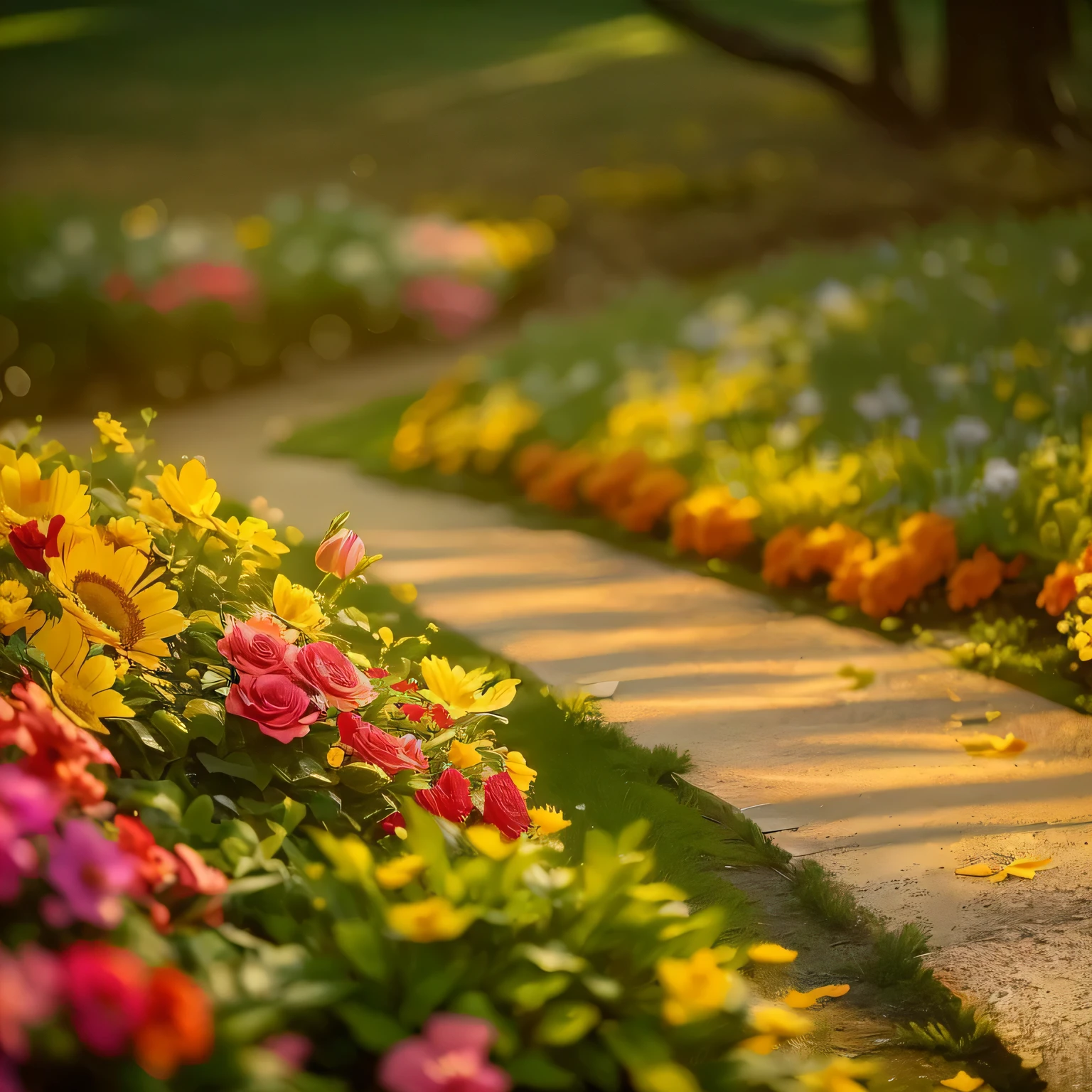Colorful flowers on the sidewalk in the park, Garden with flowers background, garden with flower beds, Beautiful Garden Background, landscape, Garden Background, Details and vivid colors, Fine depth of field, Romantic simple path tracing, The Flowery Road to Heaven, Prime hour in the morning, Garden with flowers, shallow depth of field hdr 8 k, way