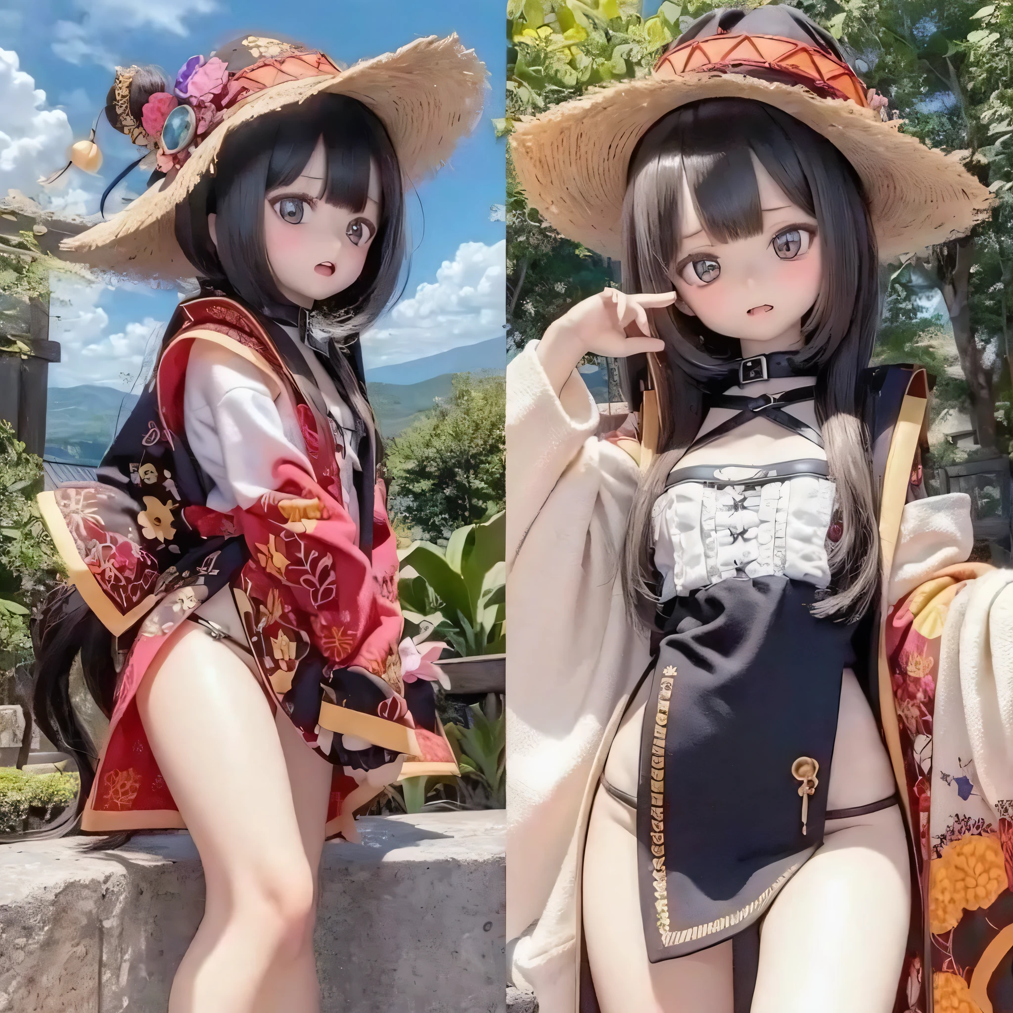 Chibi contrapposto pose girl wearing big hat, Flat Chest, And then Megumin appears. -> Eyes Beautiful and graceful eyes,nose,LipsBeautiful detailed lips,theme's cute smile,Chibi Contrap Place,Megumin character variations,People wearing large hats or bonnets,Flat Chested,Bust Detail Naked Camel Toe Medium: Photorealistic portraits, ->Material Photorealistic Portrait Additional Details: She is surrounded by vibrant gardens, ->花园a blooming flower garden with various vibrant colors,green々Fresh green grass,Finely knotted wood々Sunlight shines in,Morning atmosphere,Several bees flying around,The quality of distant bird calls: (highest quality,4K,8k,High resolution,masterpiece:1.2),Very detailed, ->Image quality: High resolution(Multiple options)
Art Style: anime, ->Art Style anime-style Color Palette: (Vibrant colors), ->Vibrant color palette lighting: Soft sunlight casts a warm glow on the scene, ->Light, Soft and warm sunlight,Soft sunlight、Black Hair