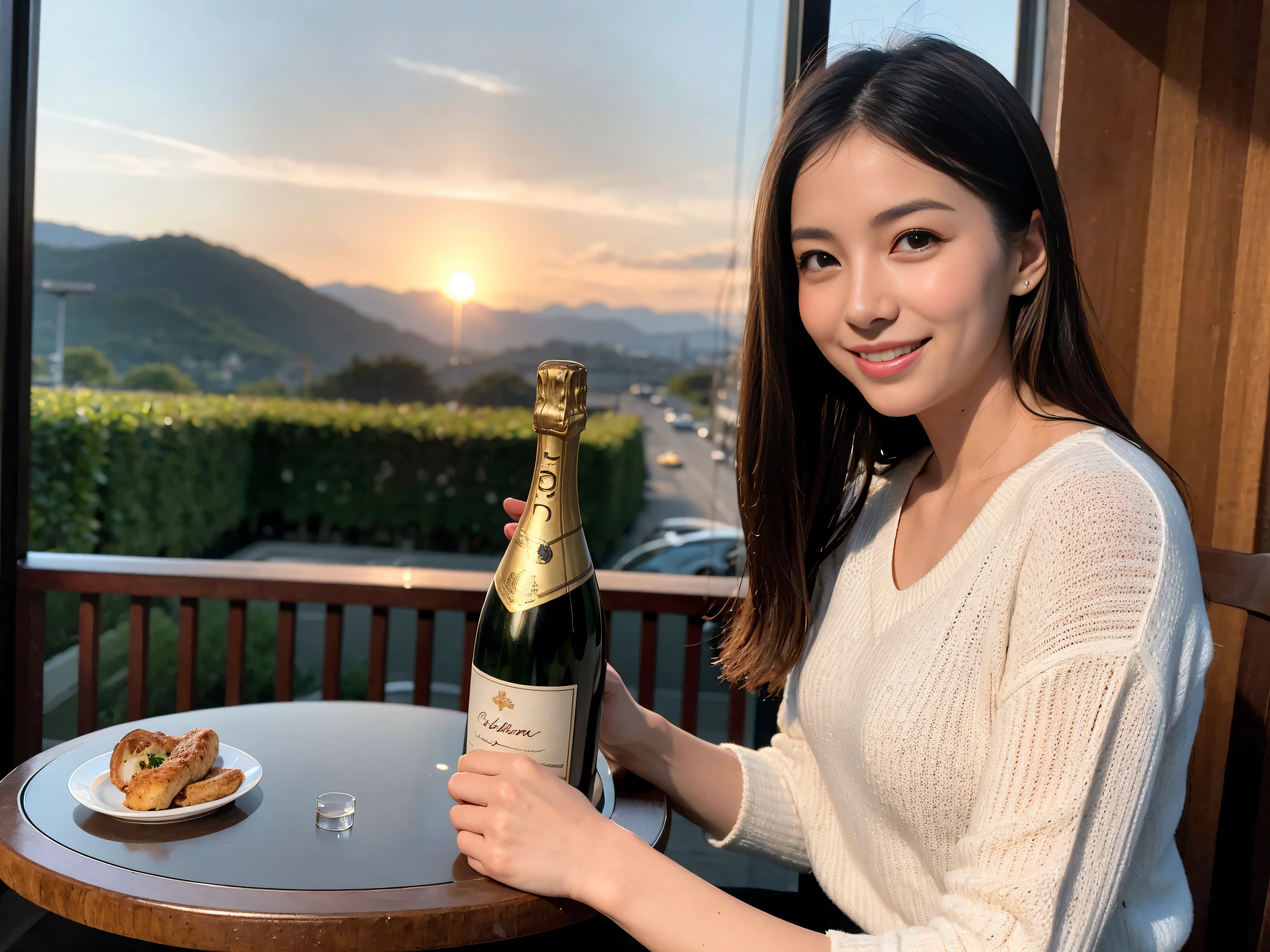 ((highest quality、8k、masterpiece:1.3))、1 male、1 female、Satomi Ishihara lookalike couple、Spouse、Brown Hair Couple、The body is slim、((Bob Hale、Straight hair:1.2)), (Realistic, Intricate details:1.2), Wine glass on the table、Shine light on your face、 Amazing view of the sunset sky and clouds、Amazing mountain views、A bright smile、The wonderfulness of smile、Bright image、The beauty of wine, Beautiful Face, blue eyes, The light shines on your face, Blushing, short hair,Bright Face、 (Age 37), 39 years old, red wine 、Appetizers、Italian food、Wine bottle、Champagne、sparkling wine、Two beauties、Brown Hair、Shortcuts、Long sleeve shirt、dress、Pretty Woman 1, (Slim face), (The body is slim), (Brown Hair), (Shortcuts), cheeks turn a little red,Attractive beauty、restaurant, In a prominent place (From the waist up) Nova Frog Style, actress, model, Upper Body, White wine, slim, wine glass, A wine glass placed in the center, smile, (smile: 1.15), Beautiful fine grain, Depth f/2,saturation, High Contrast, Strong light and shadow,Moist Body:1.5、3D texture、Delicate eyes、Brown Hair、The hair is very shiny、