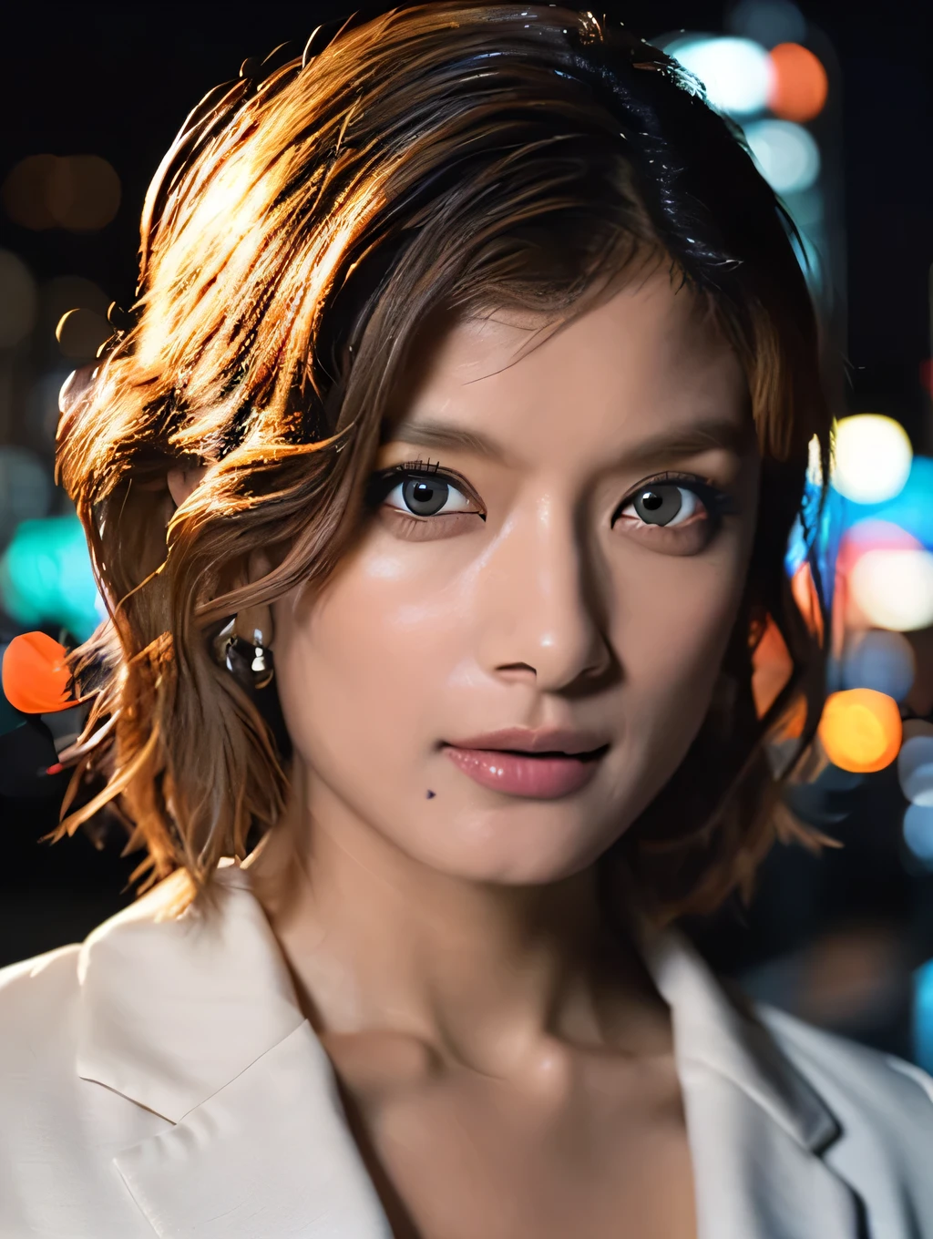 Looking into the camera, Bust Shot, Mix 4,(8k, RAW Photos, highest quality, masterpiece:1.2), (Realistic, photo-Realistic:1.37),1girl,cute,Cityscape, night, rain, Wet, Professional Lighting, Photon Mapping, Radio City, Physically Based Rendering, Gradient black hair, Gray Hair, Short Curly Hair, good looking, girl, White ball suit, Superior Quality, High resolution, 1080p, (Beautiful face), (Detailed facial depiction), (Detailed description of the hand ),(masterpiece),(Detailed CG),Extreme light and shadow, Messy Hair, masterpiece, Rich details,(exquisite features),(highest quality),(masterpiece),(Delicate eyes),I look forward to seeing you, Beautiful clavicle