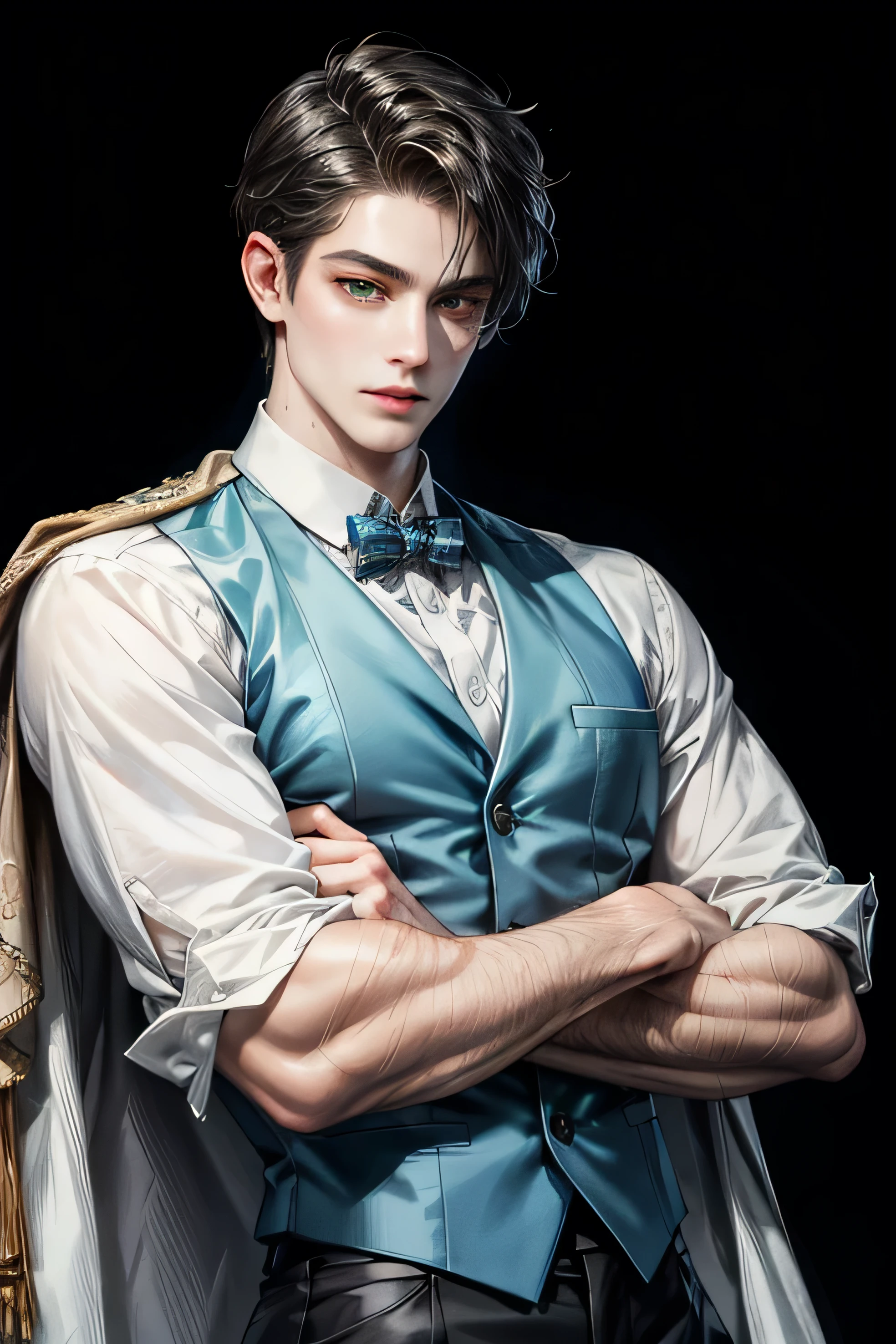 (absurdres, highres, ultra detailed, HDR), masterpiece, Intricate details,best quality close-up picture of a young man, black hair, green eyes, burton style, anime eyes, masterpiece, top quality, best quality, official art, enchanting and aesthetic:1.2), a strong jawline, wearing a blue plaid vest under a white shirt. He is posing with his arms crossed. The backround is color white.extremely detailed accessory, pale skintone (realistic art:1.3),highest detail, kenouji, Teen, boy, young man, male, short hair, close-up face, perfect face, extremely clean details,,clean details , detailed town scenery, detailed character, art kenouji