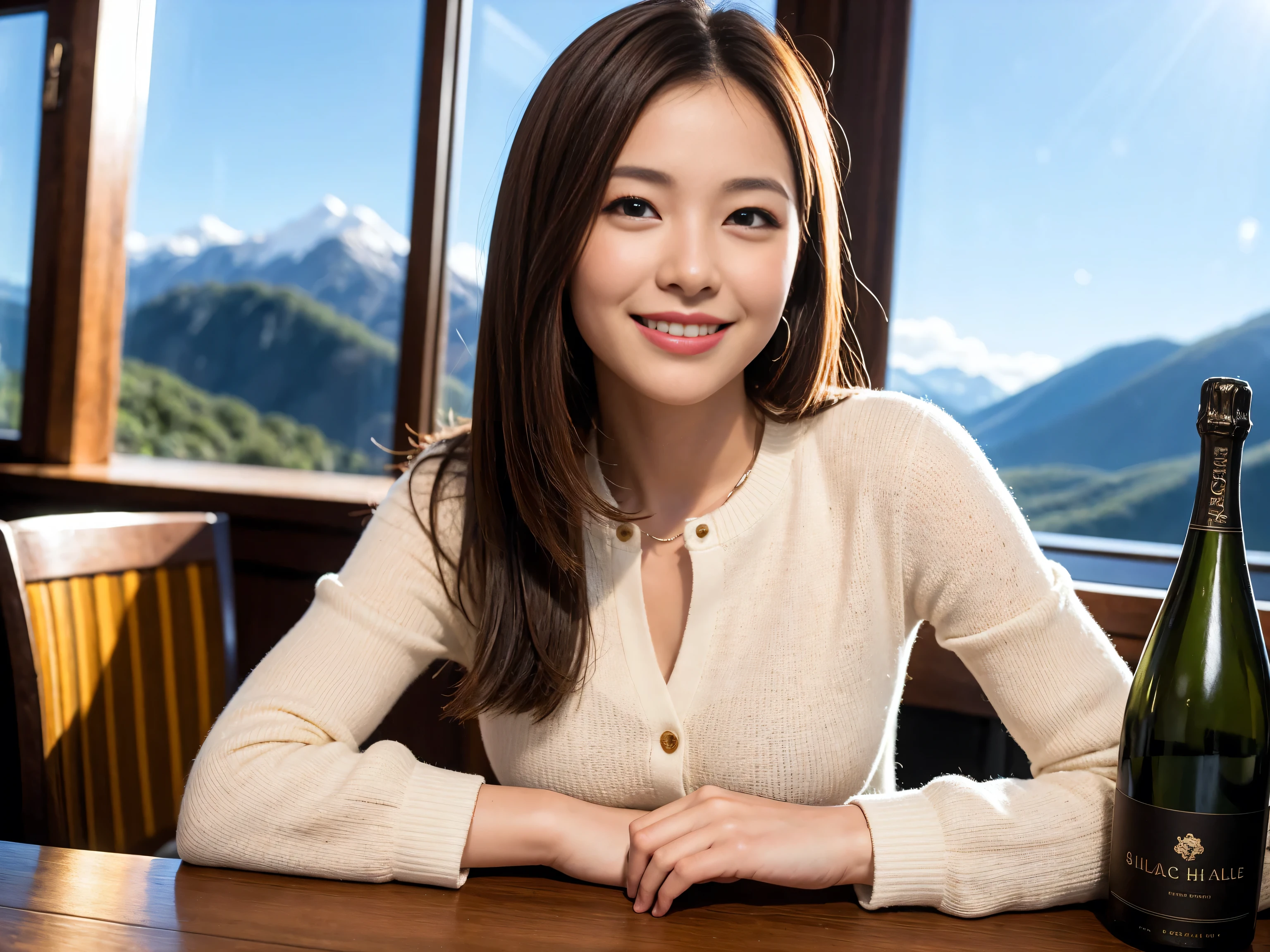 ((highest quality、8k、masterpiece:1.3))、1 male、1 female、Satomi Ishihara lookalike couple、Spouse、Brown Hair Couple、The body is slim、((Bob Hale、Straight hair:1.2)), (Realistic, Intricate details:1.2), Wine glass on the table、Shine light on your face、 Amazing view of the sunset sky and clouds、Amazing mountain views、A bright smile、The wonderfulness of smile、Bright image、The beauty of wine, Beautiful Face, blue eyes, The light shines on your face, Blushing, short hair,Bright Face、 (Age 37), 39 years old, red wine 、Appetizers、Italian food、Wine bottle、Champagne、sparkling wine、Two beauties、Brown Hair、Shortcuts、Long sleeve shirt、dress、Pretty Woman 1, (Slim face), (The body is slim), (Brown Hair), (Shortcuts), cheeks turn a little red,Attractive beauty、restaurant, In a prominent place (From the waist up) Nova Frog Style, actress, model, Upper Body, White wine, slim, wine glass, A wine glass placed in the center, smile, (smile: 1.15), Beautiful fine grain, Depth f/2,saturation, High Contrast, Strong light and shadow,Moist Body:1.5、3D texture、Delicate eyes、Brown Hair、The hair is very shiny、