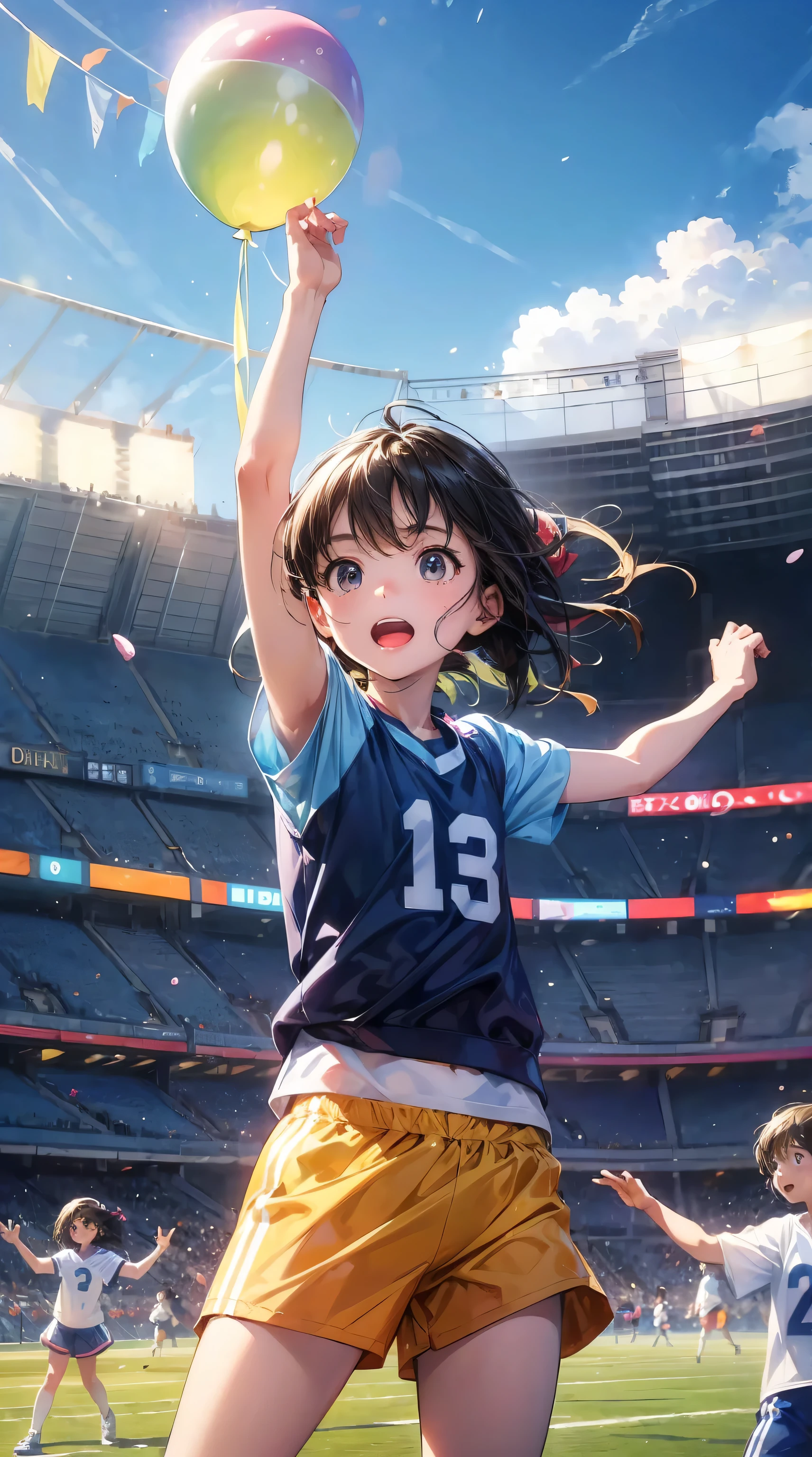 (Children's Day illustration), Three kids in casual sportswear cheering with hands raised on football field, Bright and warm, There are ribbons and balloons hanging around., Crowd cheering. The characters take up a small part of the picture.