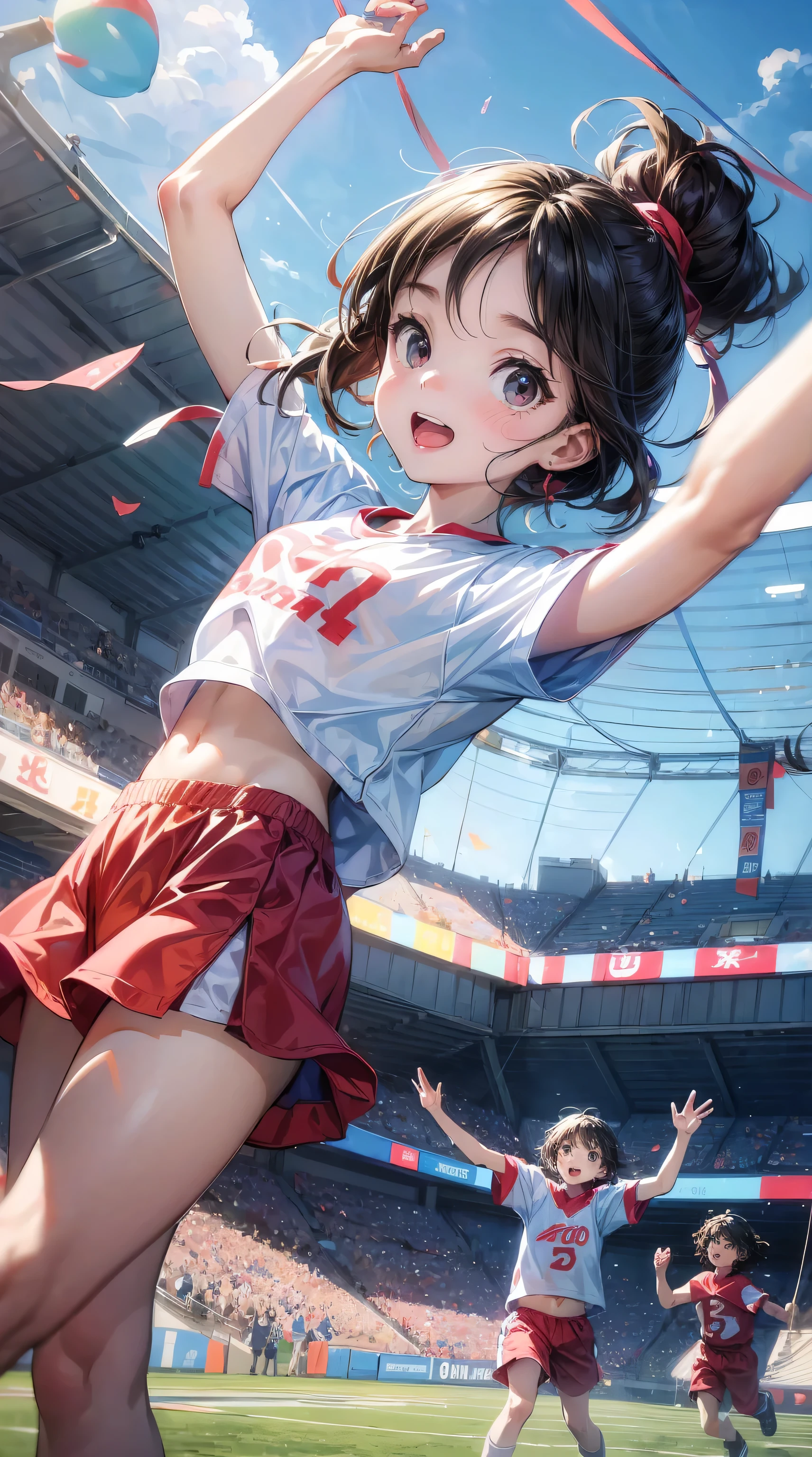 (Children's Day illustration), Three kids in casual sportswear cheering with hands raised on football field, Bright and warm, There are ribbons and balloons hanging around., Crowd cheering. The characters take up a small part of the picture.