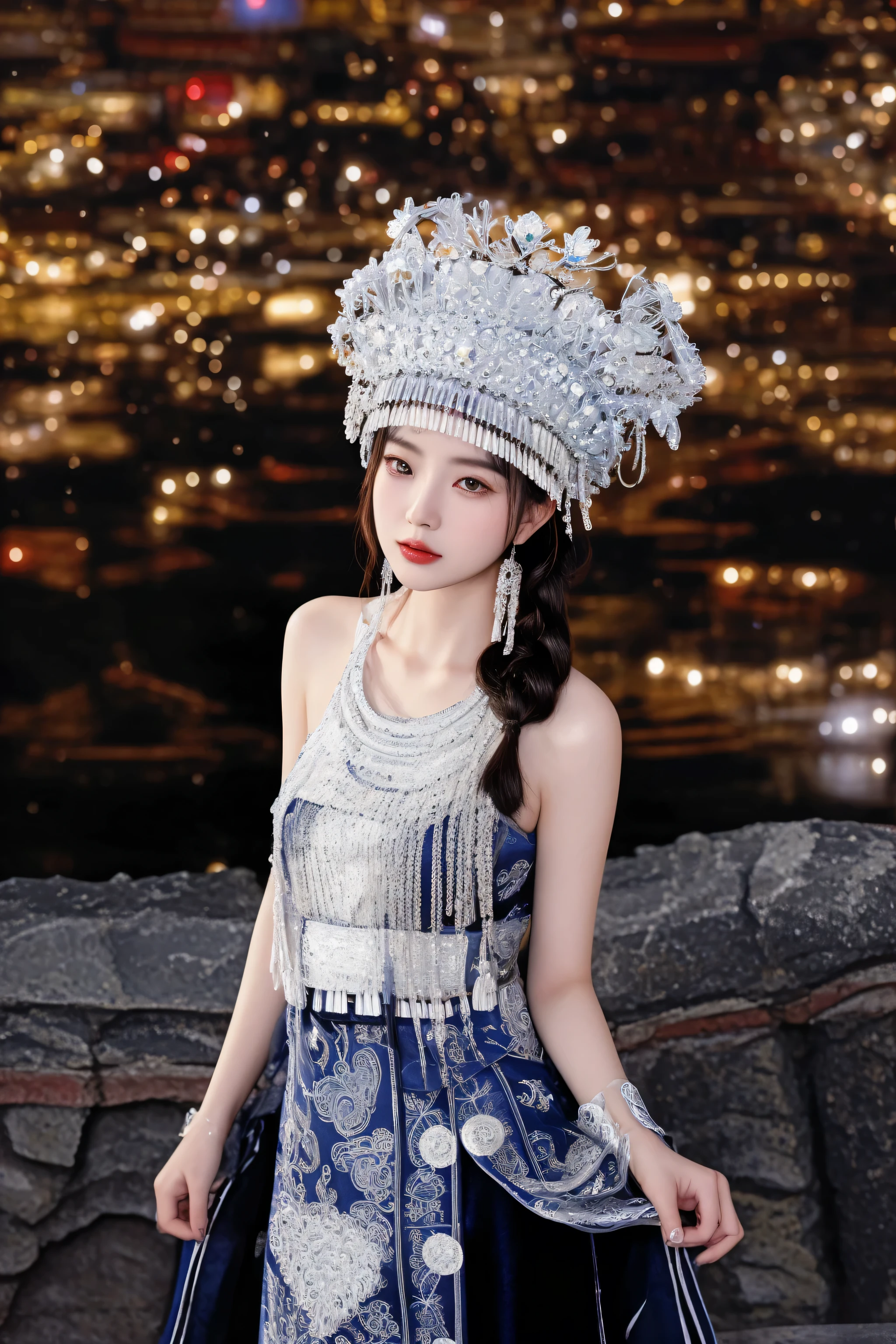 araffe woman in a blue dress and a silver hat, chinese empress, traditional chinese, chinese princess, chinese costume, traditional tai costume, traditional chinese clothing, traditional beauty, chinese woman, queen of the sea mu yanling, inspired by Jin Nong, chinese girl, intricate chrome headdress, inspired by Lan Ying, with acient chinese clothes