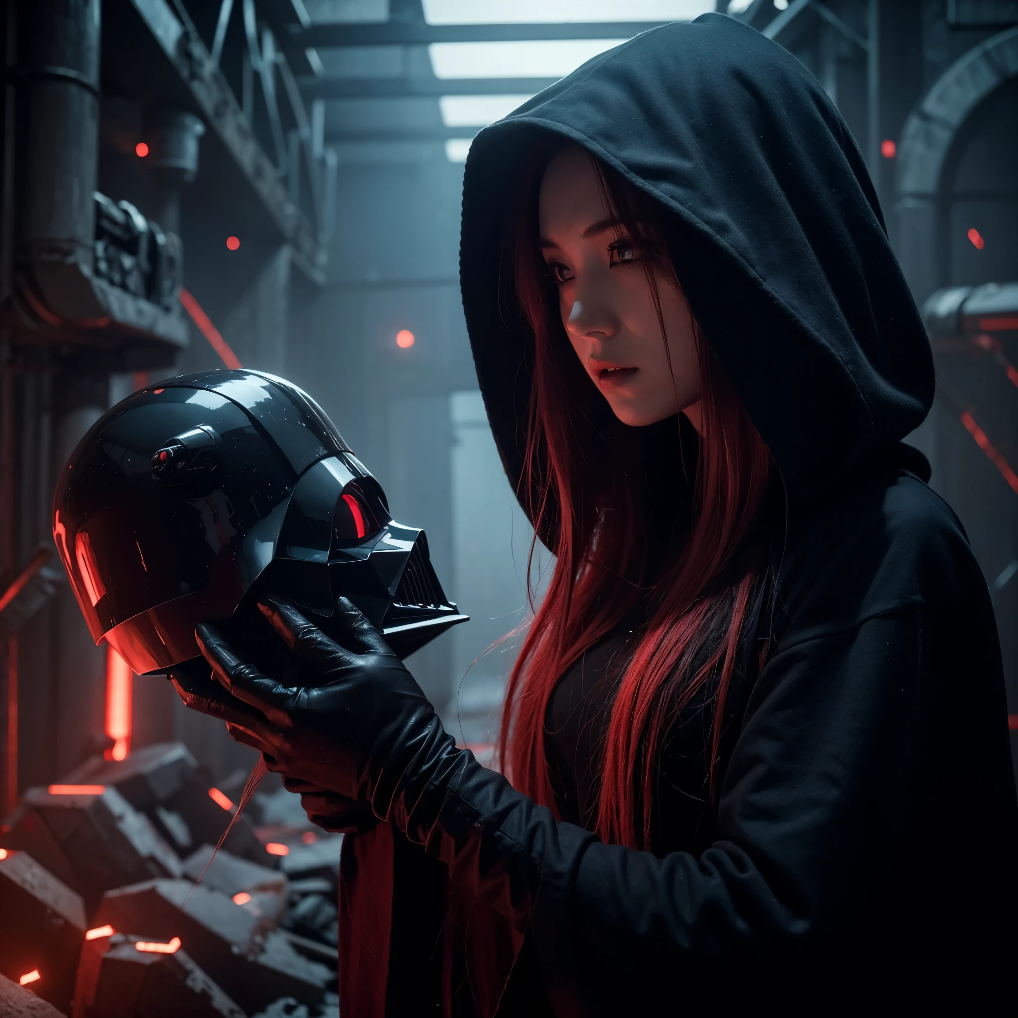 (very sharp result, full body desaturated photo) (((textile shading))), (((Best Quality))), (((masterpiece))) (((hyper realistic photo))) in starwars universe, dark atmosphere, backlight full body sith lordes japanese girl in black cult hoodie pale skin, vampire looks, piercings, mysterious sinister bright red eyes (she is holding broken darth vader helmet) red hair, red light mood,in ruined castle full of sparks hi-tech space facility, horror feel mood gritty atmosphere,4K