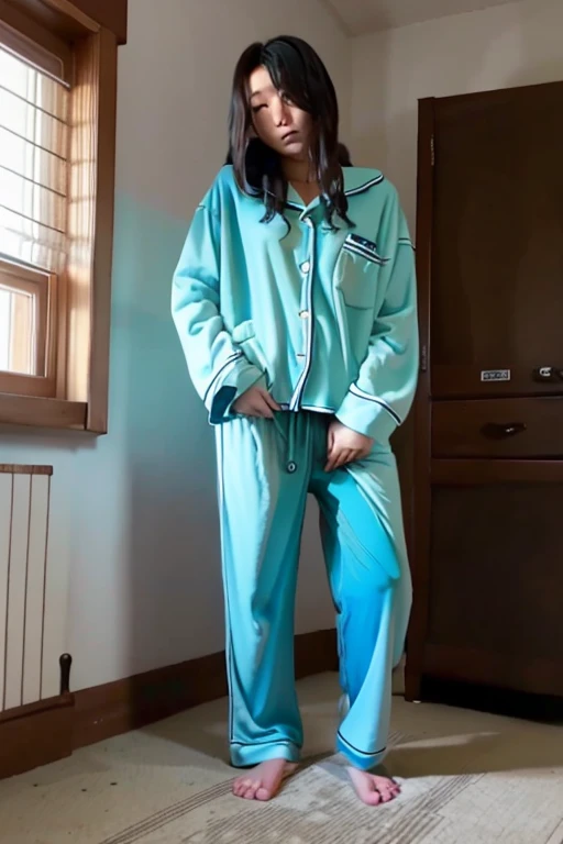 Japanese Girl thin body sees the ghost and pees her light blue lose pajama pants until his pants are wet pants in fright.