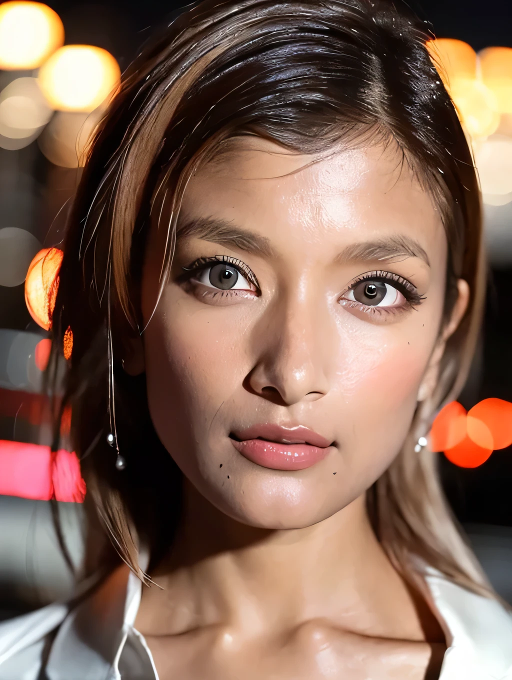 Looking into the camera, Bust Shot, Mix 4,(8k, RAW Photos, highest quality, masterpiece:1.2), (Realistic, photo-Realistic:1.37),1girl,cute,Cityscape, night, rain, Wet, Professional Lighting, Photon Mapping, Radio City, Physically Based Rendering, Gradient black hair, Gray Hair, Short Curly Hair, good looking, girl, White ball suit, Superior Quality, High resolution, 1080p, (Beautiful face), (Detailed facial depiction), (Detailed description of the hand ),(masterpiece),(Detailed CG),Extreme light and shadow, Messy Hair, masterpiece, Rich details,(exquisite features),(highest quality),(masterpiece),(Delicate eyes),I look forward to seeing you, Beautiful clavicle