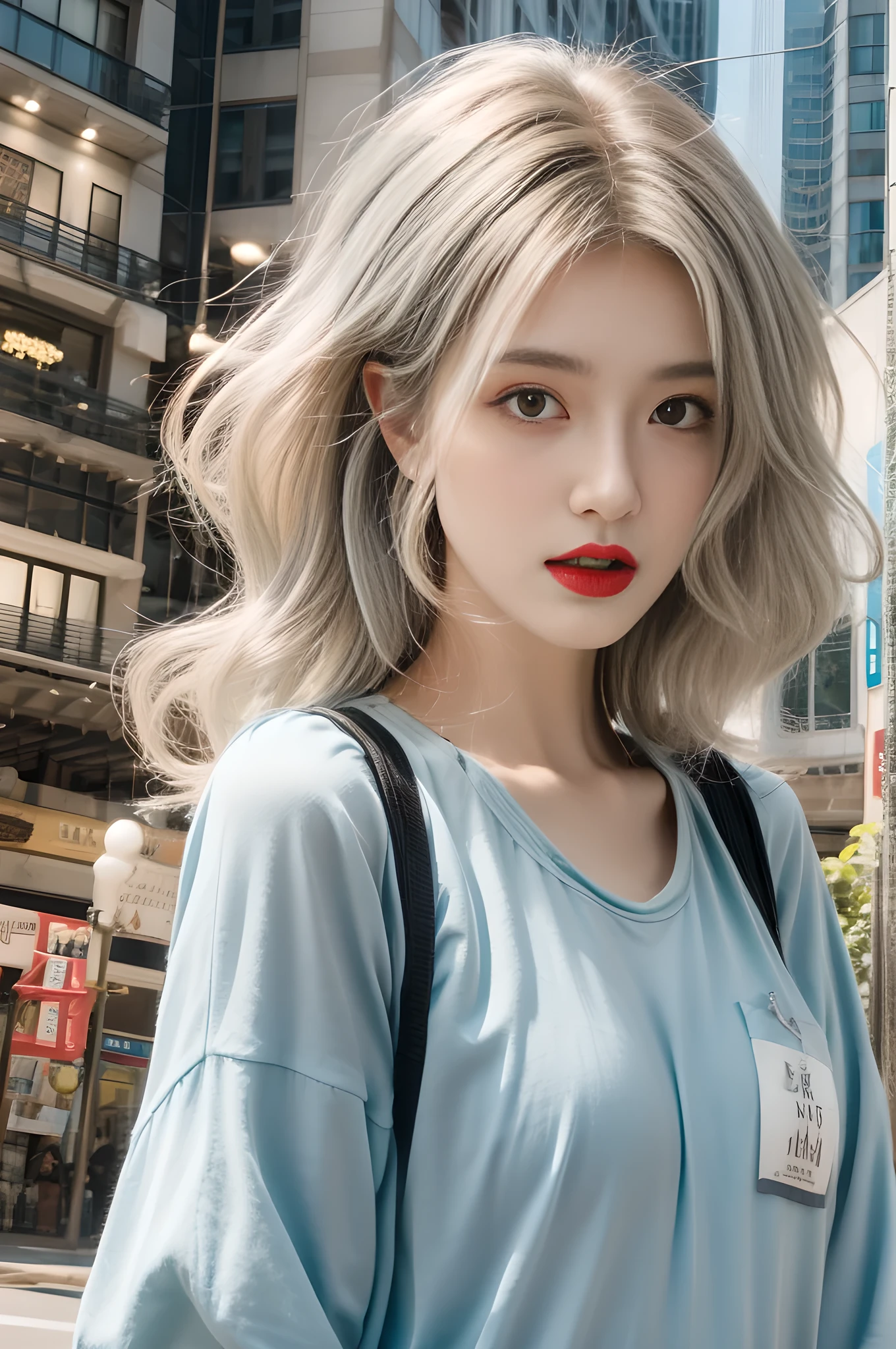 ((best quality)), ((masterpiece)), (detailed), A girl，((Perfect face))，Red lips，(Gray hair)，(Long curly hair)，(Light blue clothes)