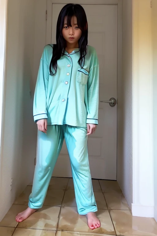 Japanese Girl thin body sees the ghost and pees her light blue lose pajama pants until his pants are wet pants in fright.