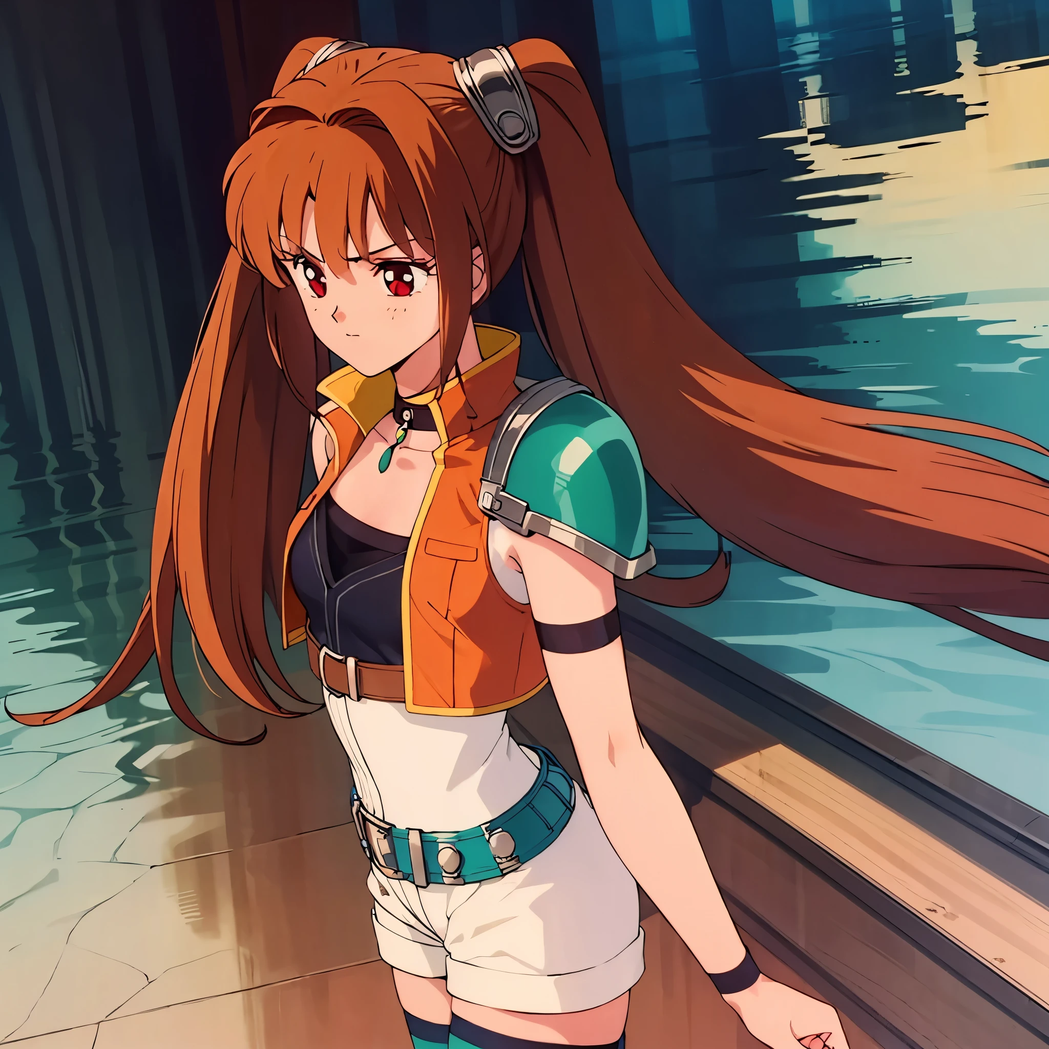 Masterpiece, solo, 1girl, upper body, senEstelle, choker, single pauldron, orange jacket, black shirt, miniskirt, belt, spandex shorts, black thighhighs