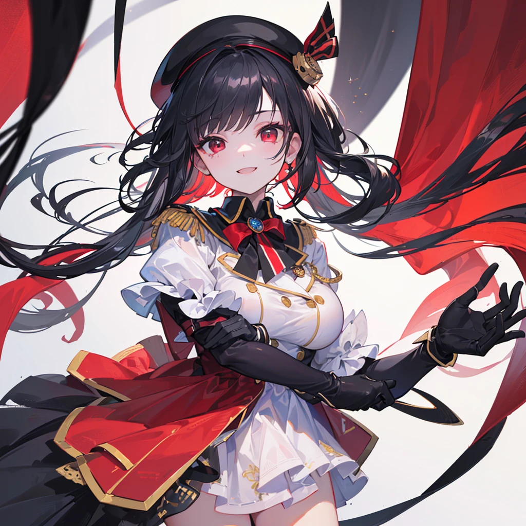 (((Best quality, 8k, Masterpiece: 1.3)), ((best quality)), ((masterpiece)), (detailed), Girl、Black Hair、beret、uniform、gloves、Red eyes、Eye patch、Crazy Smile、Hold your hands in front