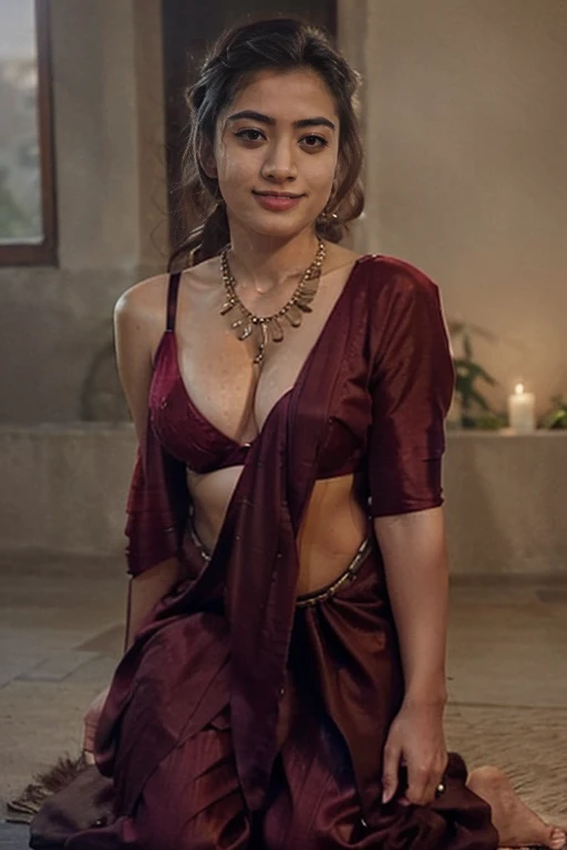 A very close picture of Indian, winding, hourglass figure, Breasts swoop, no bra, visible nipples, bending forward and hanging breasts, Shows deep cleavage, Kneeling in ceremonies, French braid hair, necklace, Sexy maroon saree and bra, Sultry, Alluring eyes, Look at the viewer and smile, (Cinematic:1.3), Complex details, (ArtStation:1.2