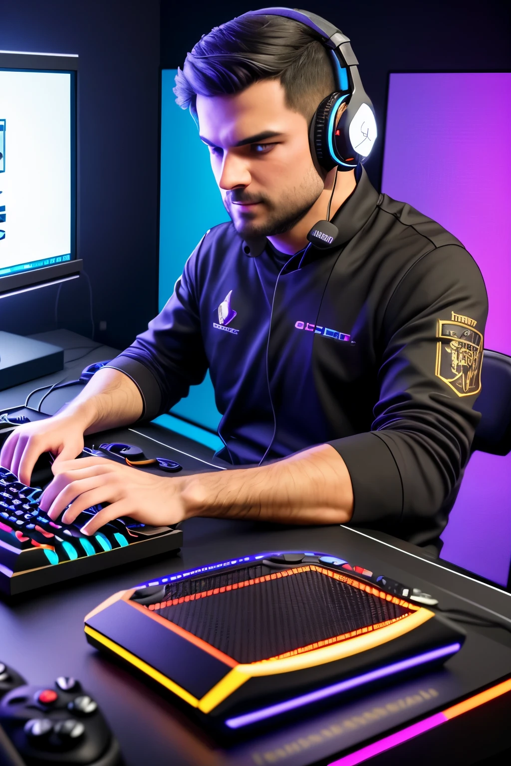 A formidable gamer man, immersed in the intense atmosphere of an upcoming videogame competition, meticulously prepares his equipment in ultra high definition. The exquisite 8k resolution showcases the intricate details of his sleek gaming setup, from the glowing keys on his mechanical keyboard to the pulse-pounding visuals on his monitor. With a focused expression, he dons his gaming headset, poised to unfurl his unparalleled gaming prowess in the ultimate battle of skill and strategy. This breathtaking scene, capturing the essence of gaming passion, embodies the epitome of ultra detail and immersion in the virtual world.