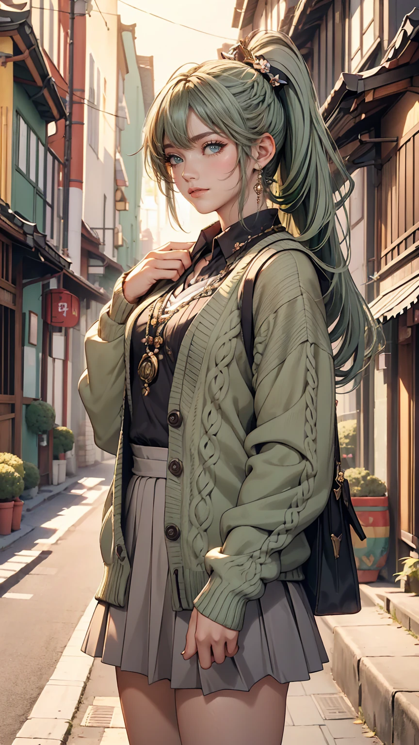 masterpiece , highest quality,Nahida(Genshin Impact) ,One girl , Small breasts,Long Hair ,Side Ponytail, hair ornaments , Gray Hair , Green Hair , Place your hands behind your head:1.5,Multicolored Hair, Fairy , Pointed Ears , , skirt ,cardigan,road , street,Looking at the audience