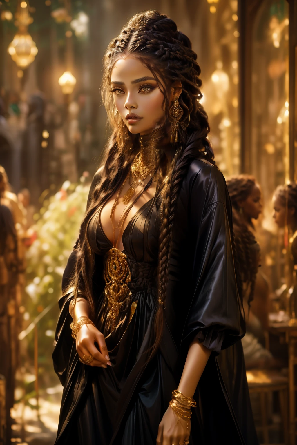 a woman with long hair wearing a black jacket, elegant fantasy style braids, ethiopian, oversized emerald eyes, behance, young sensual graceful woman, portrait of vanessa morgan, egyptian clothes, brown skinned, maya 8 k, charmed sexy look, soft sepia tones, midshot