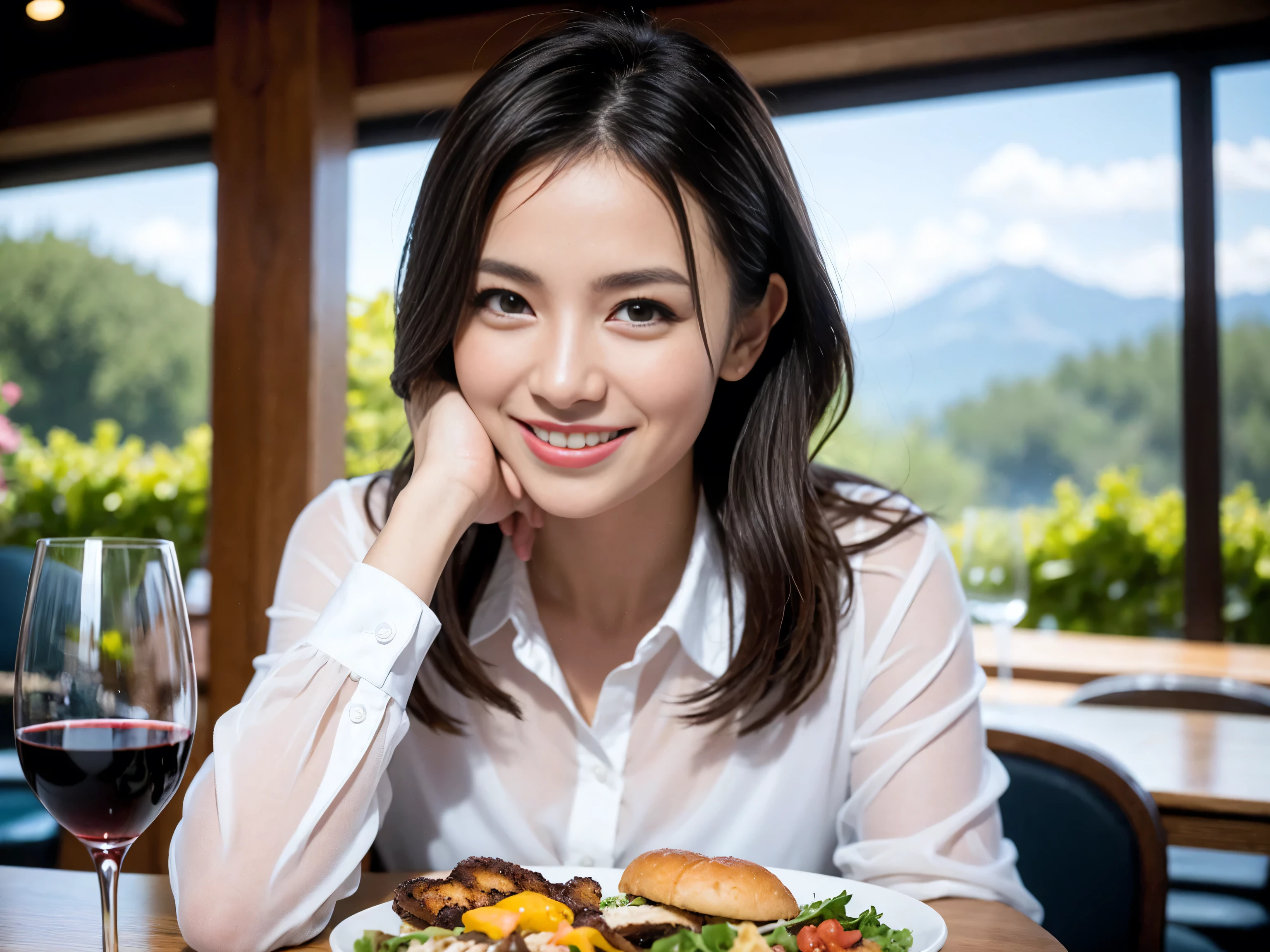 ((highest quality、8k、masterpiece:1.3))、1 male、1 female、Couple、Spouse、Satomi Ishihara-like beautiful couple、The body is slim、((Bob Hale、Straight hair:1.2)), (Realistic, Intricate details:1.2), Wine glass on the table、Shine light on your face、 Amazing view of the sunset sky and clouds、Amazing mountain views、A bright smile、The wonderfulness of smile、Bright image、The beauty of wine, Beautiful Face, blue eyes, The light shines on your face, Blushing, short hair,Bright Face、 (Age 35), 39 years old, red wine 、Appetizers、Italian food、Wine bottle、Champagne、sparkling wine、Two beauties、Brown Hair、Shortcuts、Long sleeve shirt、dress、Pretty Woman 1, (Slim face), (The body is slim), (Brown Hair), (Shortcuts), cheeks turn a little red,Attractive beauty、restaurant, In a prominent place (From the waist up) Nova Frog Style, actress, model, Upper Body, White wine, slim, wine glass, A wine glass placed in the center, smile, (smile: 1.15), Beautiful fine grain, Depth f/2,saturation, High Contrast, Strong light and shadow,Moist Body:1.5、3D texture、Delicate eyes、Brown Hair、The hair is very shiny、