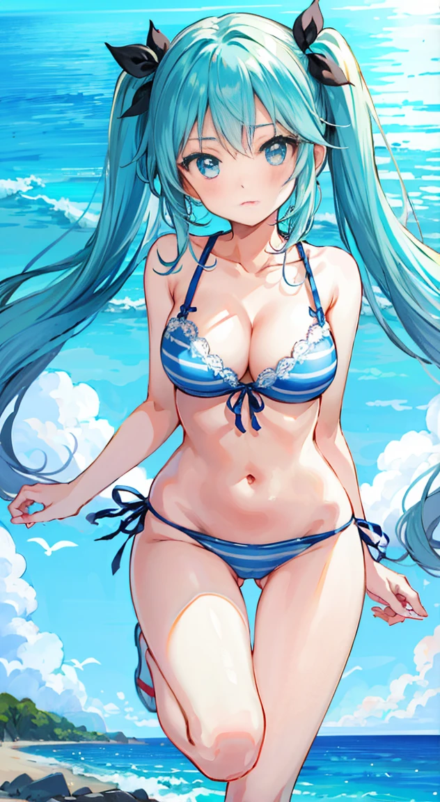 side tie panties,blush, full-face blush,masterpiece, highest quality, (anime screencap:1.3),(shape), cute,(simple:1), (anime:1.2),Solo Sharp Focus, 1 girl, cleavage,looking at the viewer, Ocean,Japan"Okinawa,Are standing,,(NSFW:1.2),bikini,pastel colour,beautiful hair,Horizontal stripes,heart shaped pupils,plaid pattern bra, plaid pattern panties,Twintail hair,jumping,puffy eyes,aqua colors,