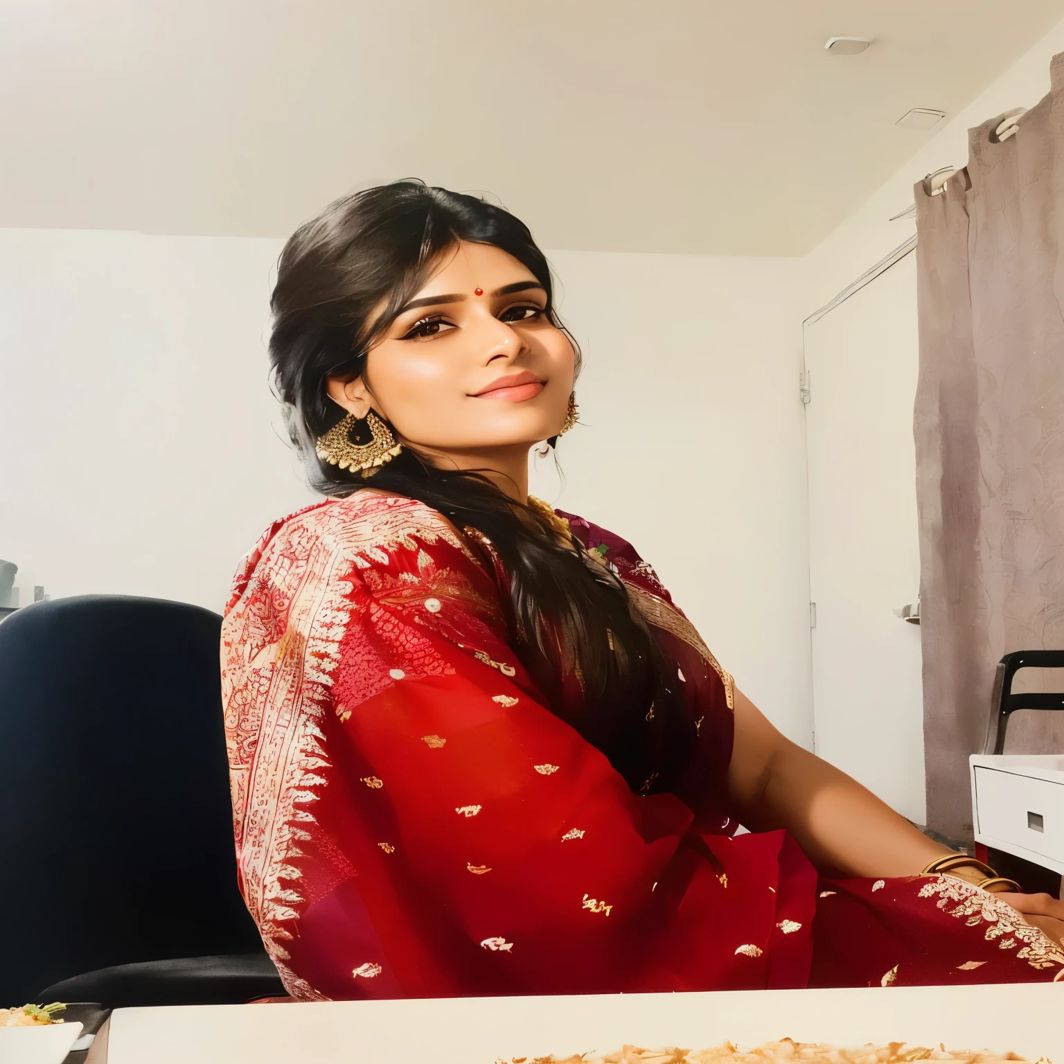 there is a woman sitting at a table with a plate of food, dressed in a sari, indian, professional profile picture, candid picture, very very low quality picture, wearing a sari, with professional makeup, photo of a woman, nivanh chanthara, wearing sari, traditional beauty, portait photo profile picture, headshot profile picture, very extremely beautiful