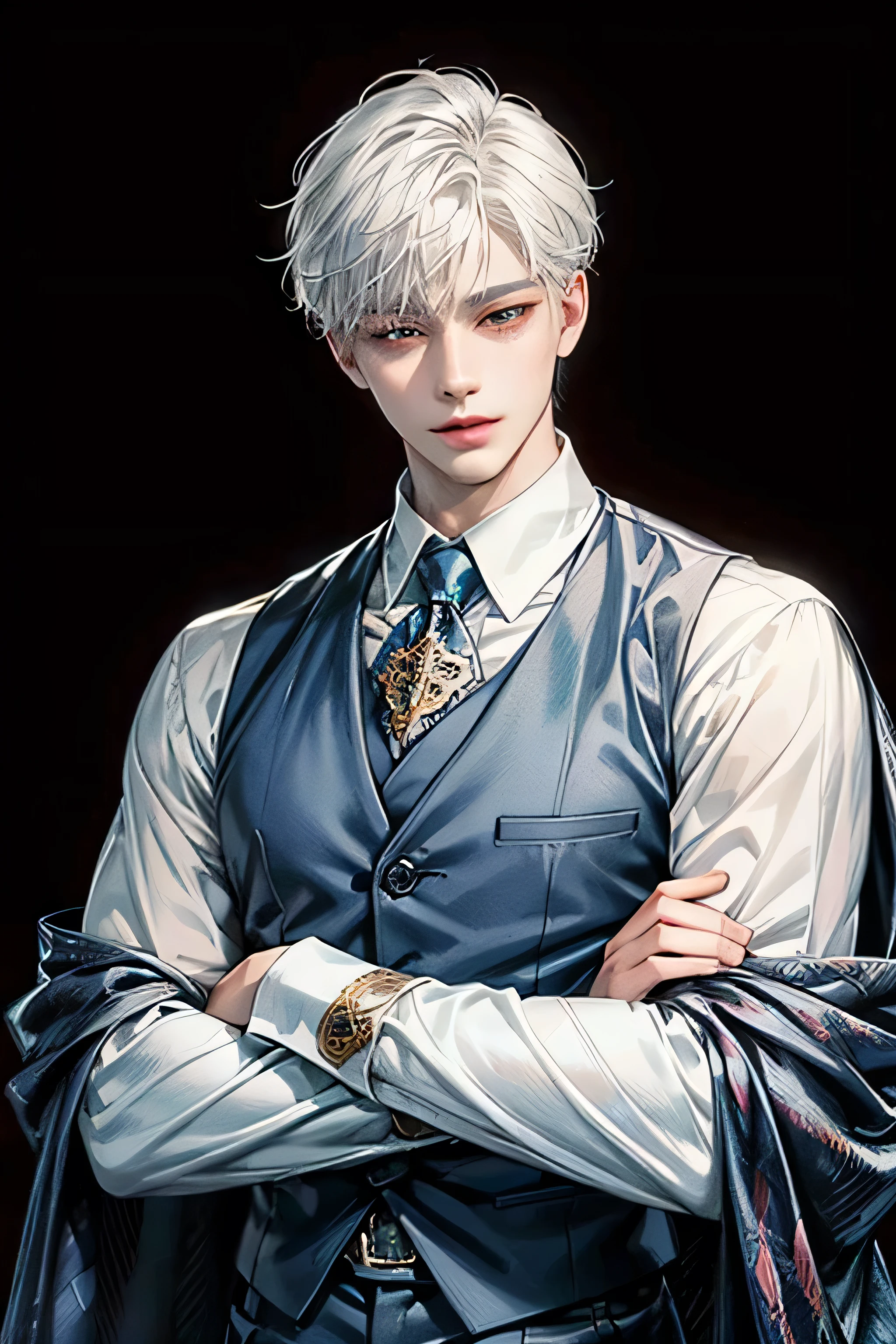 (masterpiece, top quality, best quality, official art, enchanting and aesthetic:1.2), (1 boy), smile face, male, guy, face focus, anime, teen guy, young man , white hair, red eyes, a strong jawline, wearing a blue plaid vest under a white shirt. He is posing with his arms crossed. The background is a white room. The drawing style follows the art manhwa style.extremely detailed accessory, pale skintone (realistic art:1.3),highest detail, kenouji, Teen, boy, young man, male, short hair, close-up face, perfect face, extremely clean details,,clean details