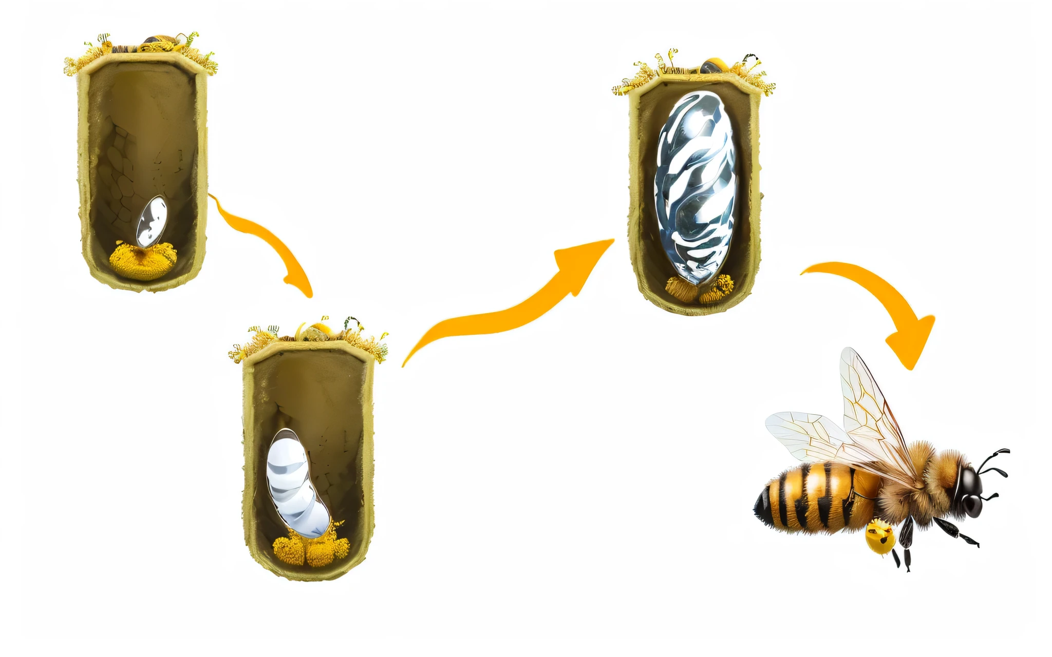 arafed image a beehive that show a bee egg, larva, and pupa with a white background, favela honeybee hive, an illustration of, by Ivan Mrkvička, an illustration, by Adam Marczyński, transformation sequence, hive, by Max Švabinský