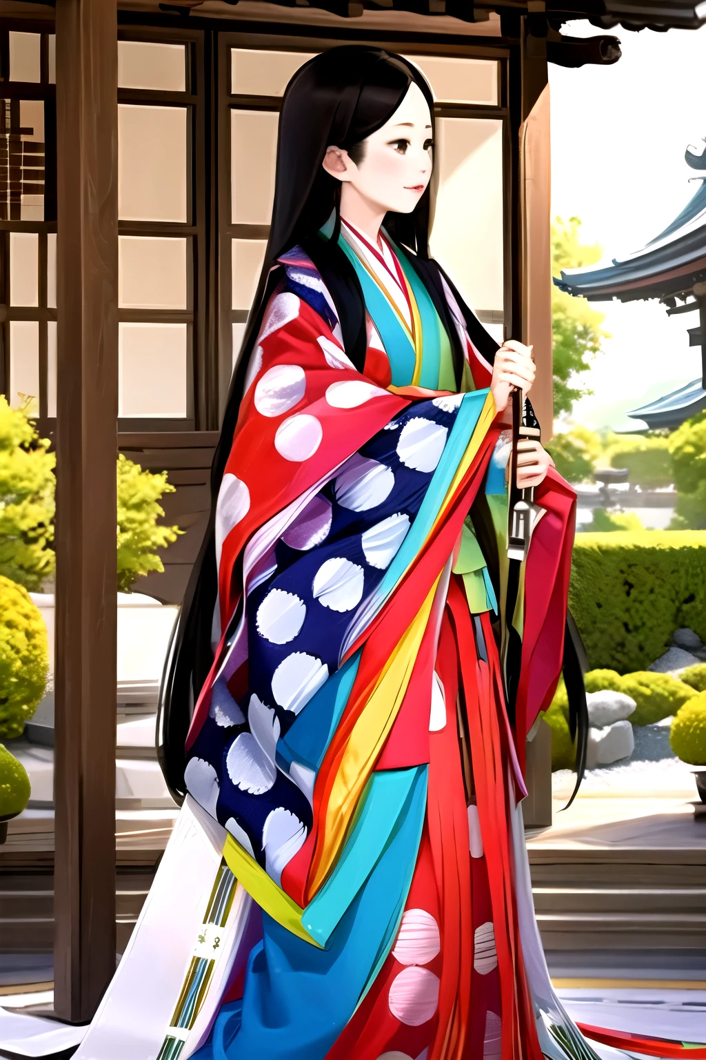 (masterpiece, highest quality:1.2), One girl, junihitoe, solo, Straight long black hair、Have hiohgi、Xifeng、kabeshiro, lattice、Dry、Corridor、Japanese garden、
