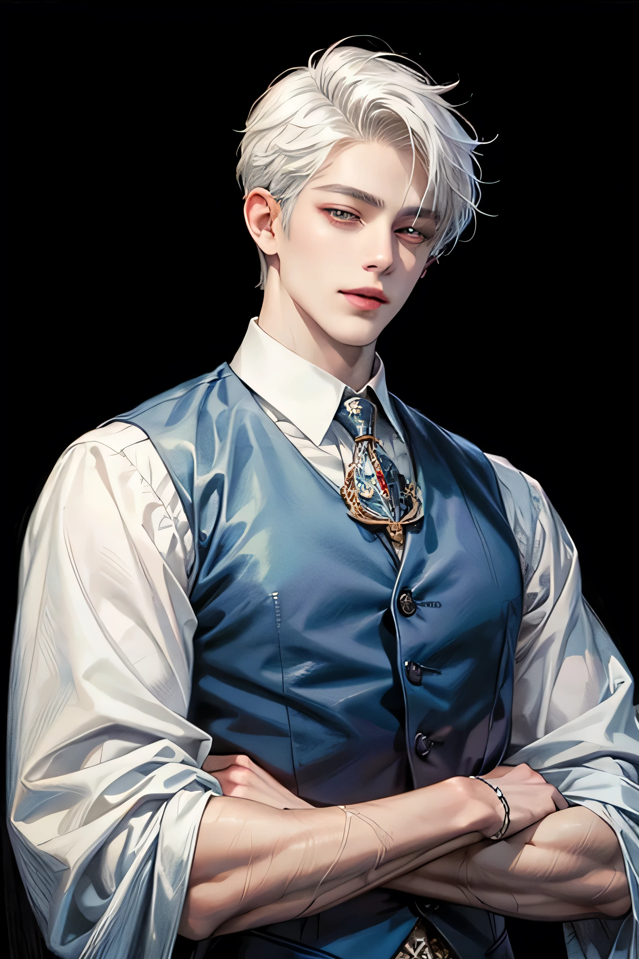 (masterpiece, top quality, best quality, official art, enchanting and aesthetic:1.2), (1 boy), smile face, male, guy, face focus, anime,  guy, young man , white hair, red eyes, a strong jawline, wearing a blue plaid vest under a white shirt. He is posing with his arms crossed. The background is a white color.The drawing style follows the art manhwa style.extremely detailed accessory, pale skintone (realistic art:1.3),highest detail, kenouji, Teeny, young man, male, short hair, close-up face, perfect face, extremely clean details,,clean details 