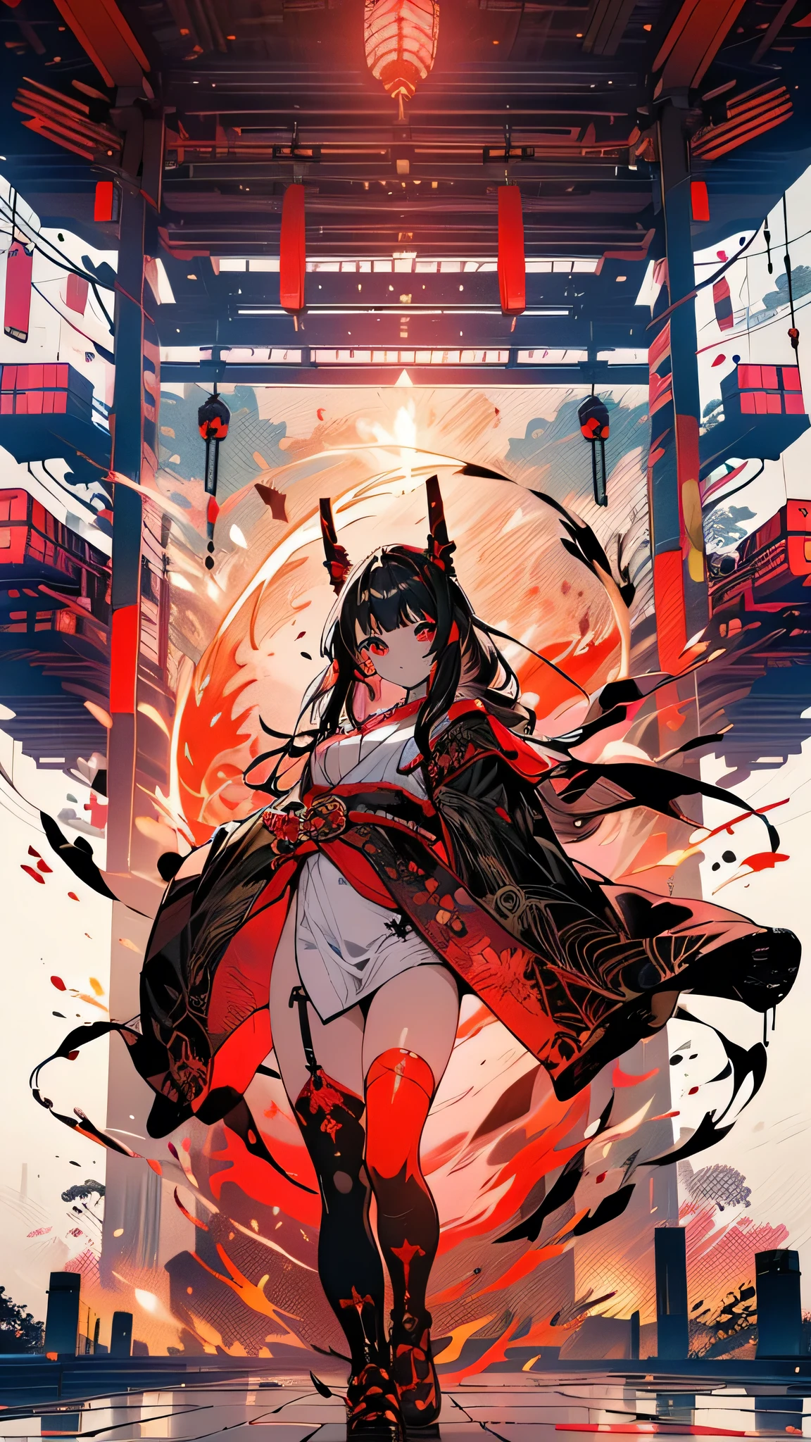 (Tabletop、highest quality), (Perfect female body:1.2), Ultra Details、Anime Style、alone、Shrine maiden in cyber dress、With a huge sword、Cyberpunk Ninja Girl、((Crimson Red))Background Standing in the wilderness