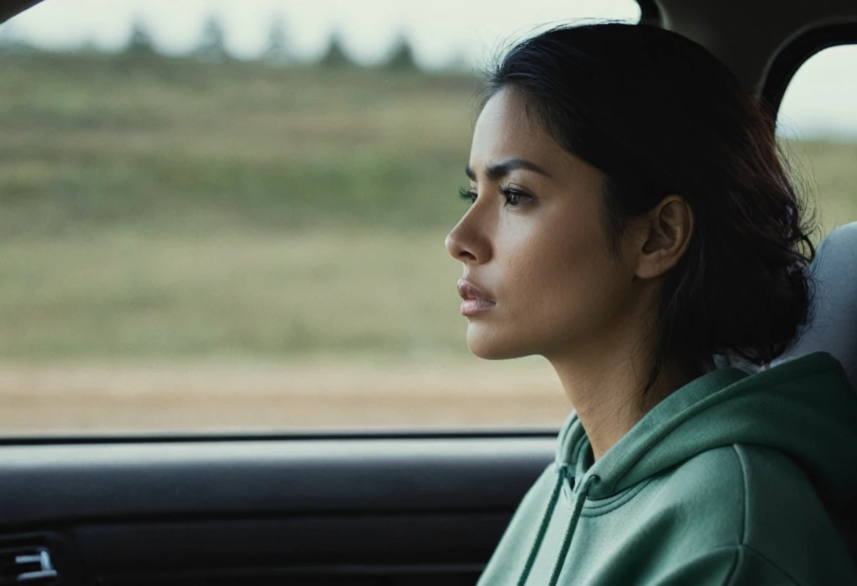 woman inside riding car, from side view, distant expression, looking towards, appearing lost in her thoughts. moody, sweatshirt,,