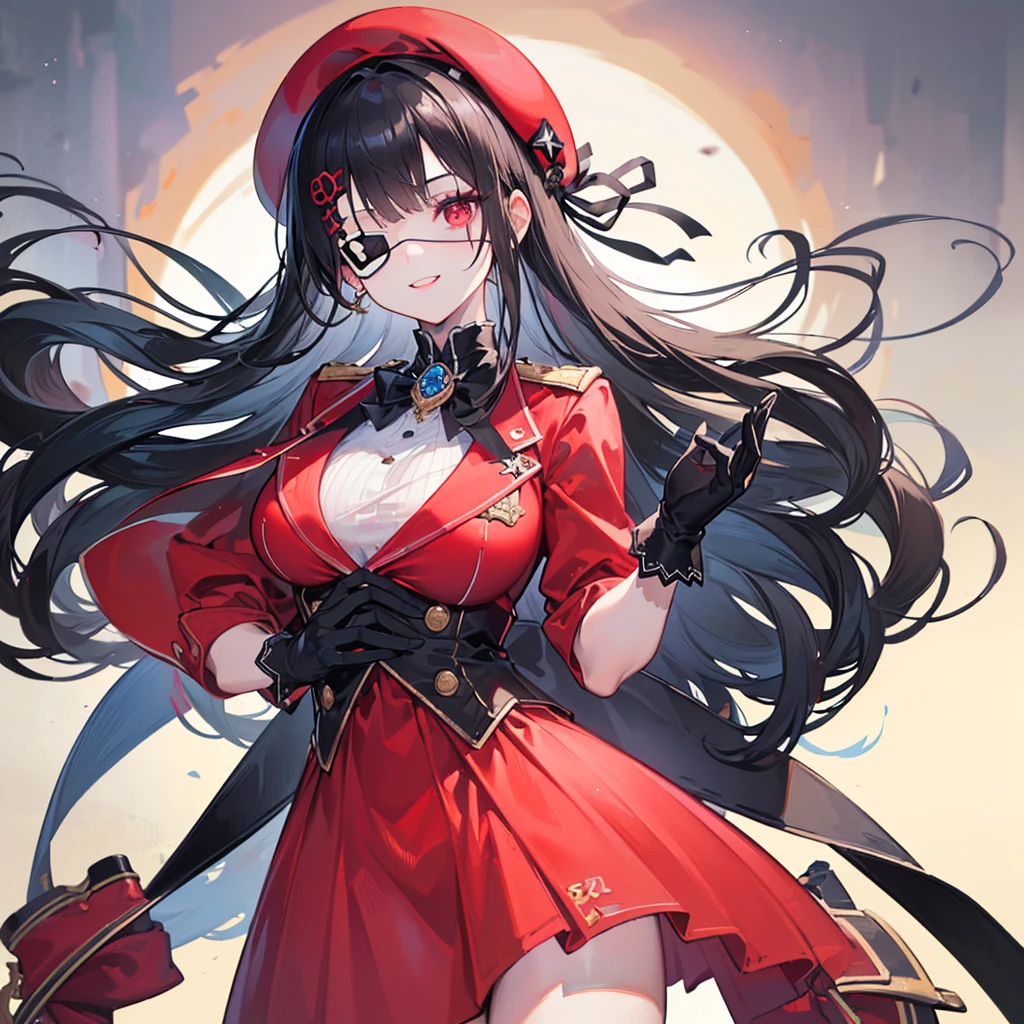 (((Best quality, 8k, Masterpiece: 1.3)), ((best quality)), ((masterpiece)), (detailed), Girl、Black Hair、beret、uniform、gloves、Red eyes、((Eye patch))、Crazy Smile、Hold your hands in front