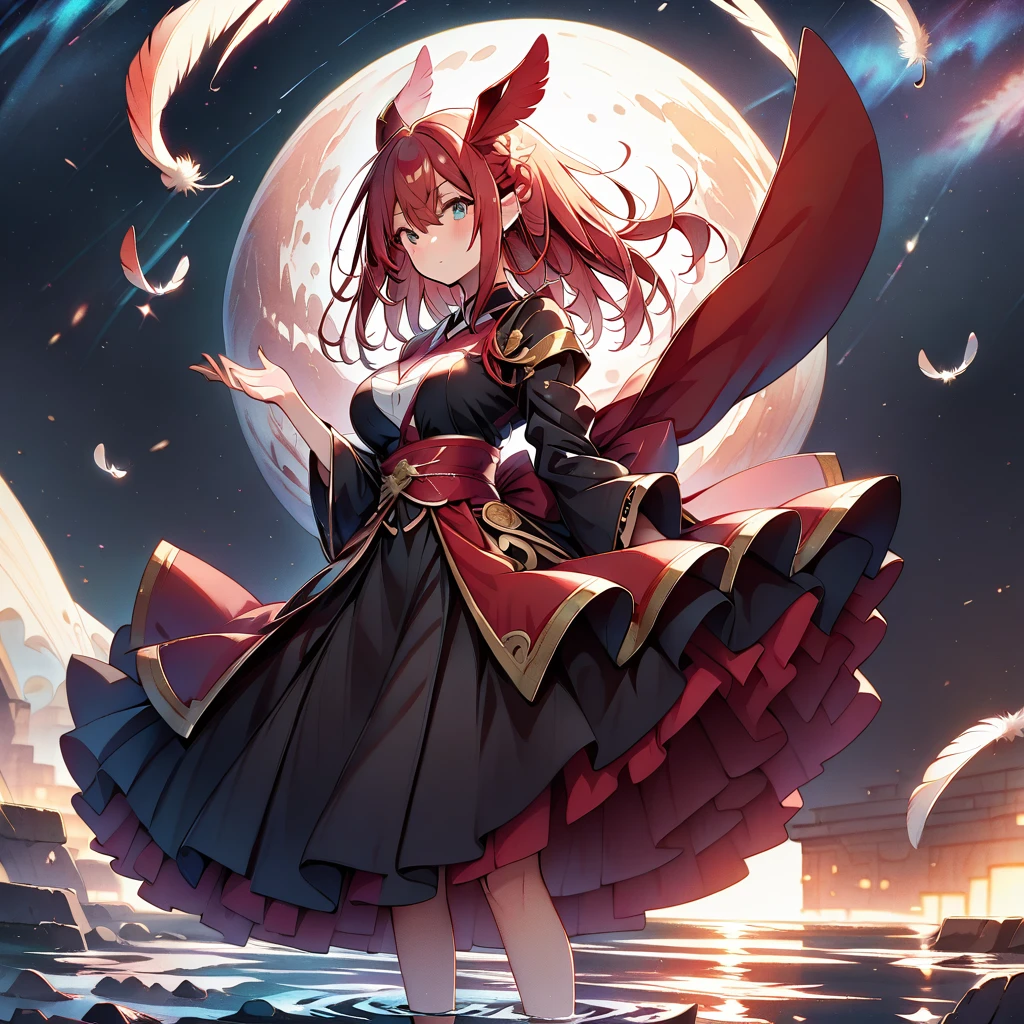 1girl, solo, vermillion hair,  dynamic pose, intricate details, feathers ears,