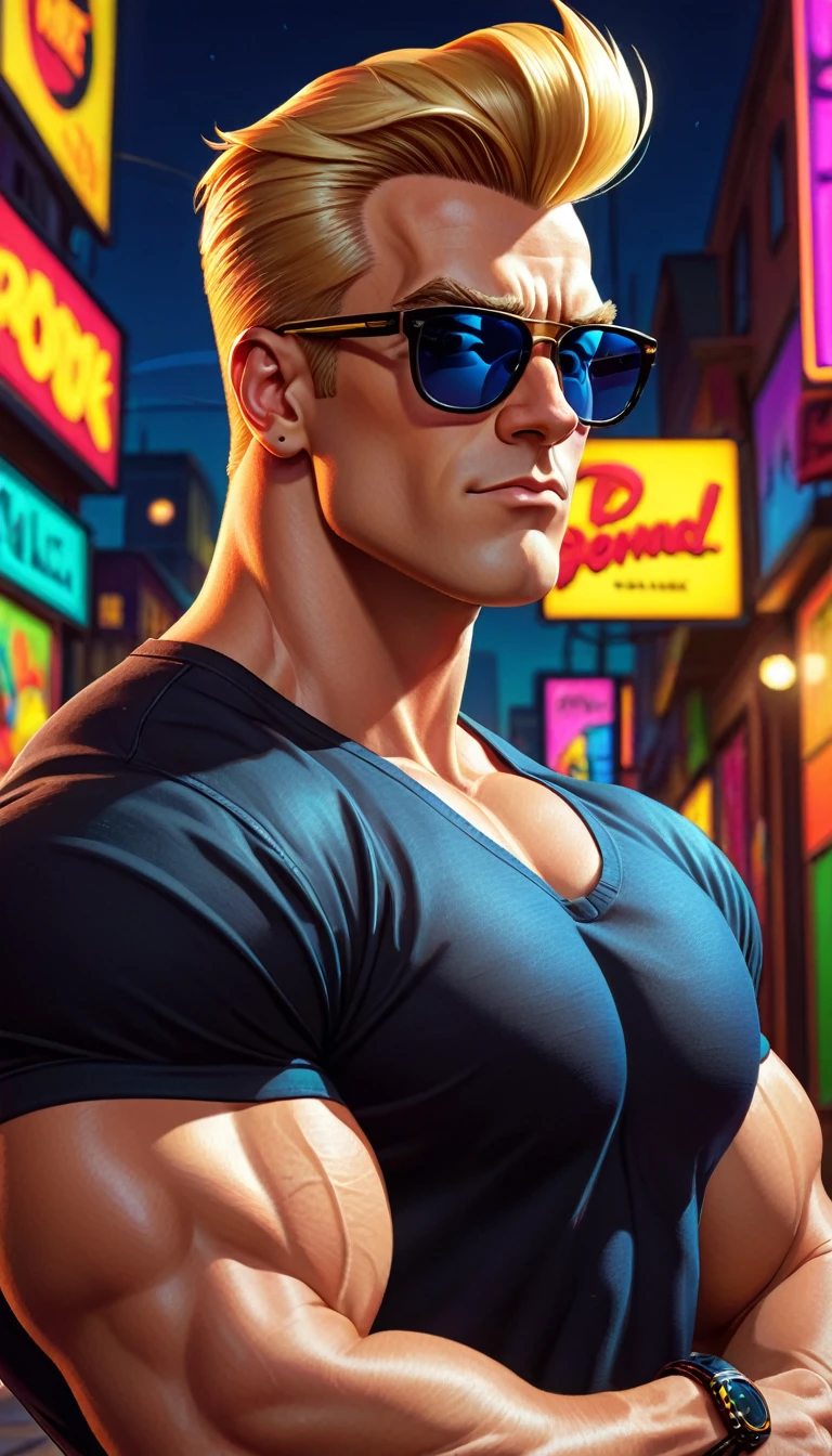 90s cartoon, A muscular man with a blonde pompadour hairstyle, a chiseled jawline, and a confident expression, wearing a black shirt, blue jeans, and sunglasses, in a vibrant, colorful 90s cartoon style, (detailed portrait, cinematic lighting, dynamic pose), photorealistic, (highly detailed, 8k, masterpiece:1.2), vivid colors, dynamic composition, dramatic lighting, (johnny bravo)