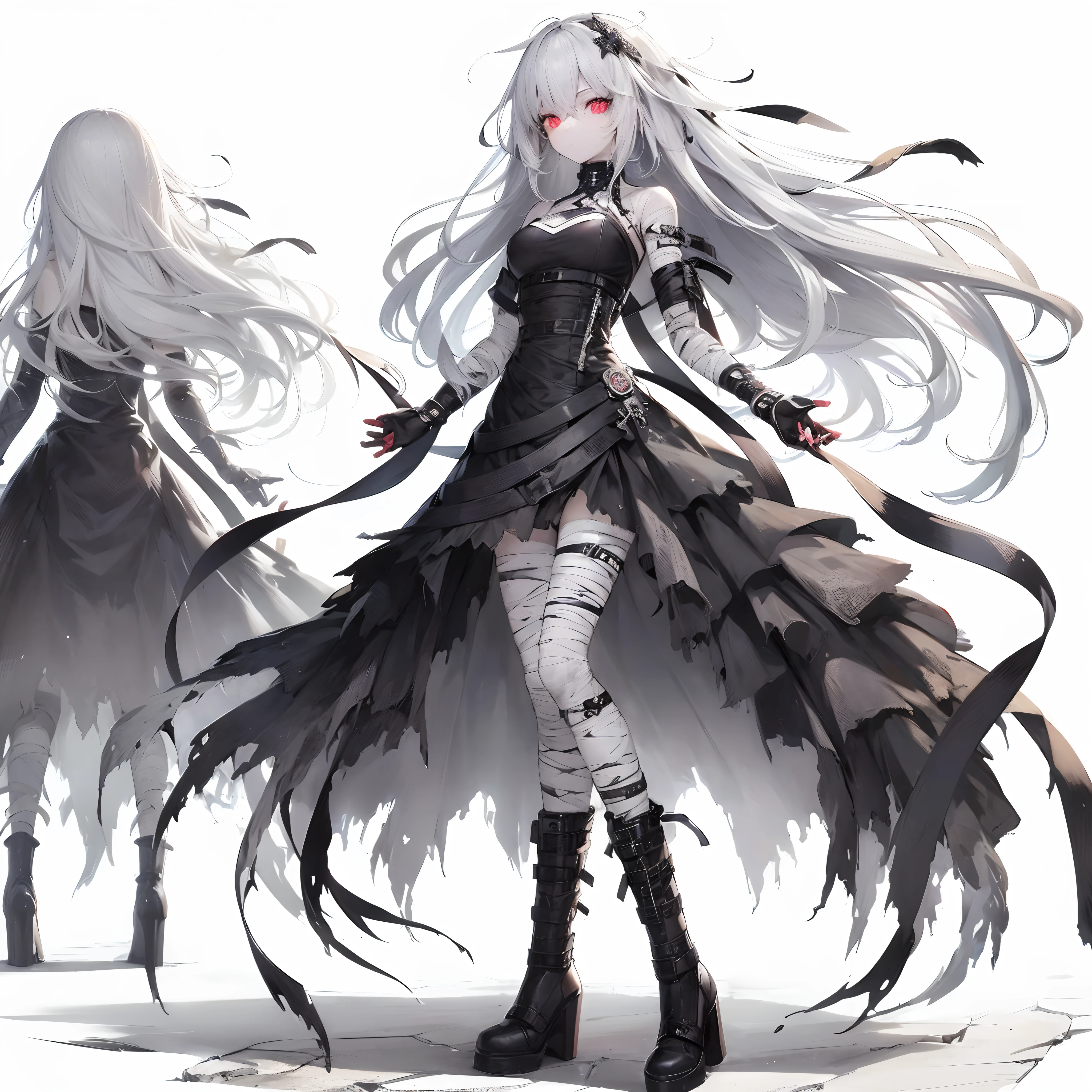 (On the table, best quality), (Perfect athletic body:1.2), (Fine hair), Extremely detailed, Anime style, whole body, Cyberpunk vampire girl, Bandages on face and body, Silver hair and red eyes, Wearing a Gothic Dress, standing in wasteland, Wear boots, White background, whole body,
