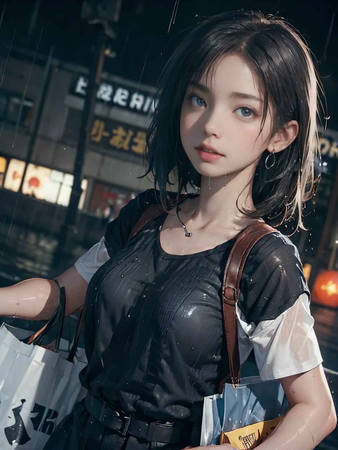 ((Low angle shooting:1.5)), (Photorealistic:1.4, 8k, highest quality:1.3, masterpiece, Ultra-high resolution), ((Typhoon heavy rain)), Highly detailed skin and facial textures:1.3, Perfect dynamic composition:1.2, (Modern city at night, In front of the supermarket at night, Expressions of sadness:0.7), (Climbing the stairs:0.7, View from directly below:0.7), Slim office lady wet with rain:1.2, Fair skin:1.2, Sexy beauty:1.1, Perfect Style:1.1, beautifully、aesthetic:1.1, Very beautiful face:1.2, Water droplets on the skin, (Rain dripping down on my body:1.2, Wet body:1.2, Wet Hair:1.3), (Holding a wet shopping bag:1.2, Blue T-shirt, How to properly wear wet casual clothes:1.3), belt, (Mid-chest, Bra see-through, Chest gap),  (Big eyes that exude beautiful eroticism:0.8, Adult charm:0.8, Fascinating:0.8), necklace, Earrings, bracelet, wedding ring, Highly detailed and accurate hands and fingers