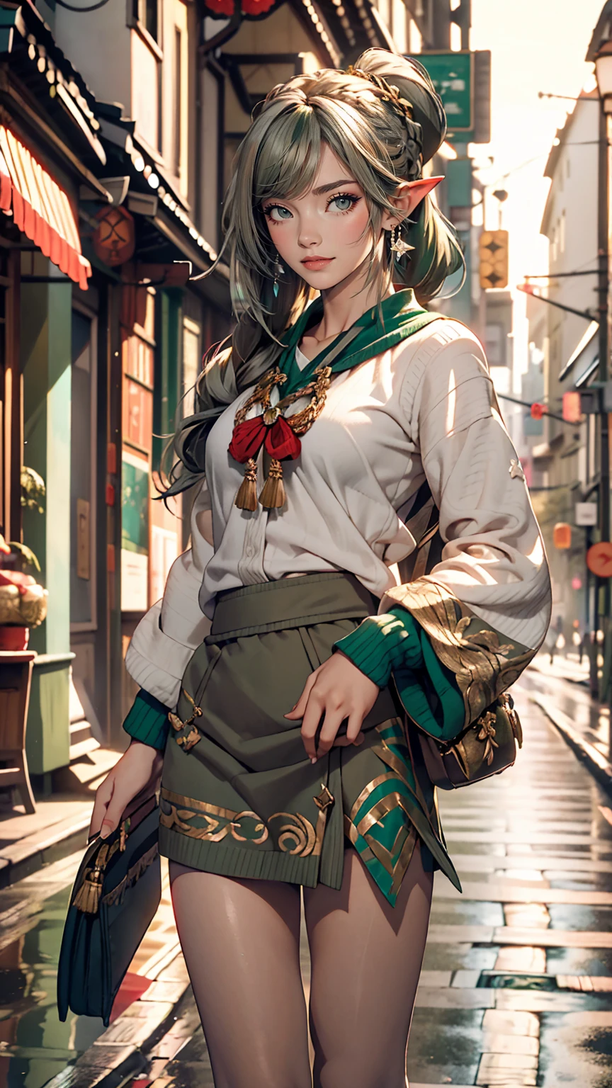 masterpiece , highest quality,Nahida(Genshin Impact) ,One girl , Small breasts,Long Hair ,Side Ponytail, hair ornaments , Gray Hair , Green Hair , Place your hands behind your head:1.5,Multicolored Hair, Fairy , Pointed Ears , , skirt ,cardigan,road , street,Looking at the audience