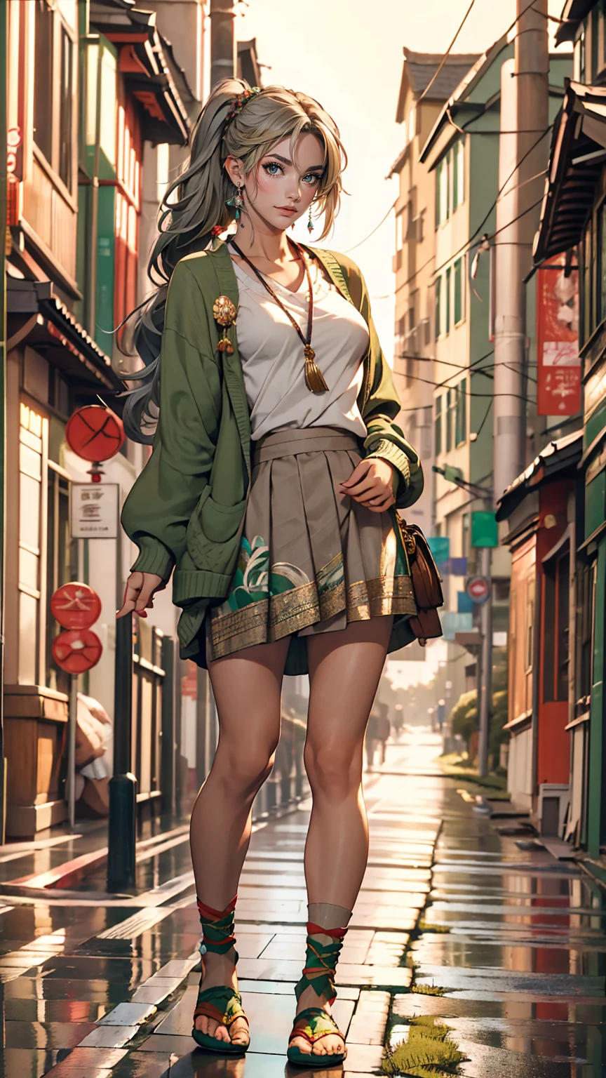 masterpiece , highest quality,Nahida(Genshin Impact) ,One girl , Small breasts,Long Hair ,Side Ponytail, hair ornaments , Gray Hair , Green Hair , Place your hands behind your head:1.5,Multicolored Hair, Fairy , Pointed Ears , , skirt ,cardigan,road , street,Looking at the audience